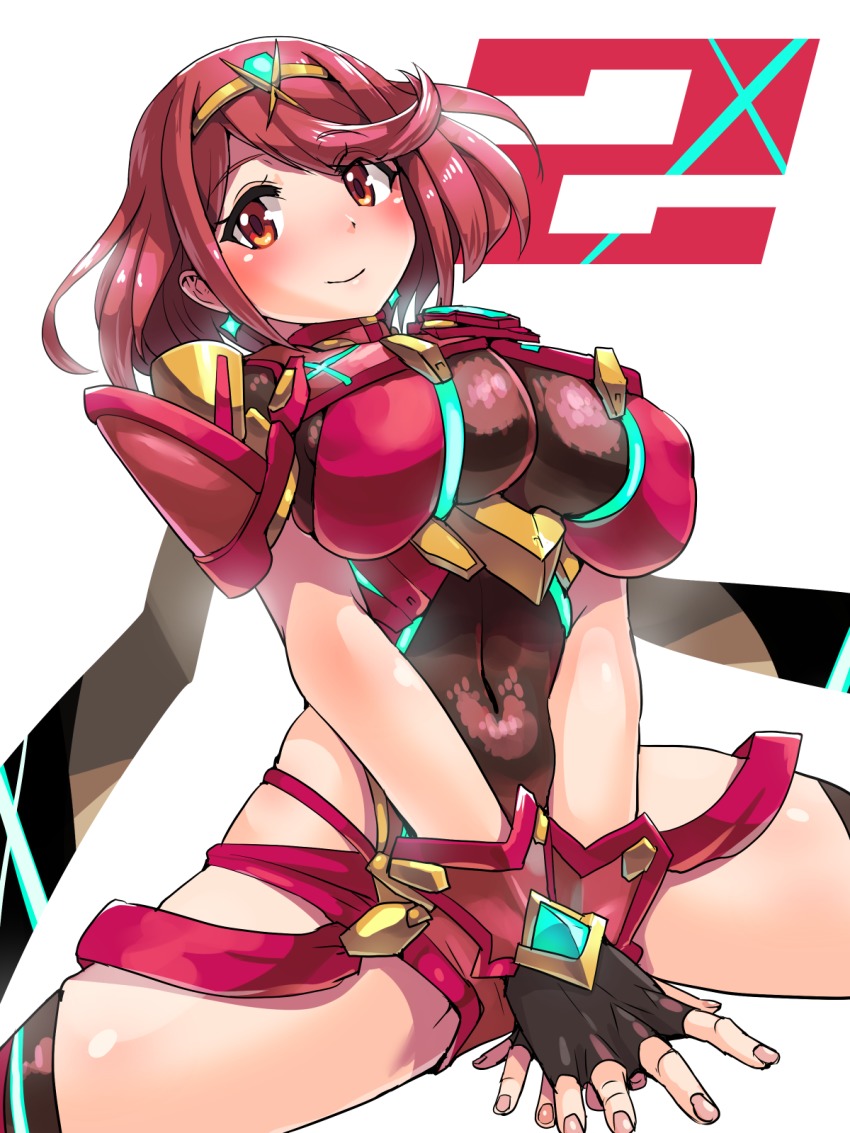 1girls, belly, boris (noborhys), breasts, circlet, covered navel, female, fingerless gloves, gloves, highres, hips, huge breasts, large breasts, light smile, looking at viewer, nintendo, pyra, red eyes, red hair, short hair, simple background, smile, solo, spread legs, thighs, tiara, white background, xenoblade (series), xenoblade chronicles 2