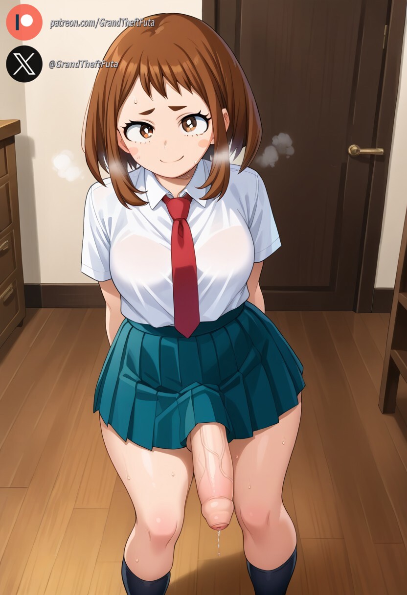 1futa, ai generated, balls, big penis, blush, boku no hero academia, breasts, brown eyes, brown hair, clothed, cock, dickgirl, erection, female, foreskin, futa only, futanari, high-angle view, huge cock, indoors, intersex, light skin, light-skinned futa, looking at viewer, medium breasts, my hero academia, ochako uraraka, penis, precum, roxygtf, school uniform, schoolgirl, short hair, solo, standing, sweat, sweating, sweaty body, uncircumcised