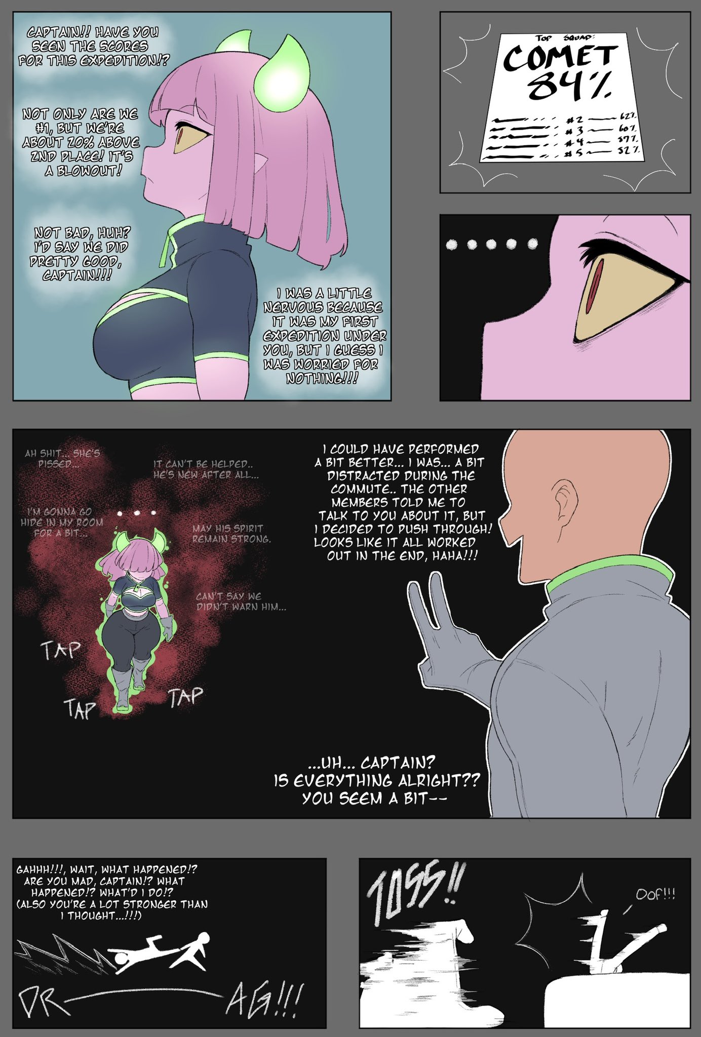 1boy, 1girls, 2024, 2d, 2d (artwork), angry, bottom heavy, clothed, clothed female, clothing, comet (vammzu), comic, english, english text, female, female focus, femdom, horned humanoid, horns, huge ass, humanoid, male, male/female, original, original character, pink body, pink hair, pink skin, shortstack, text, vammzu