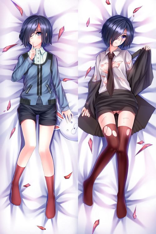 1girls, artist request, breasts, clothed, dakimakura, female, female only, flat chest, hair over one eye, kirishima touka, nipples, pussy, shirt, short hair, shorts, solo, tokyo ghoul, torn clothes