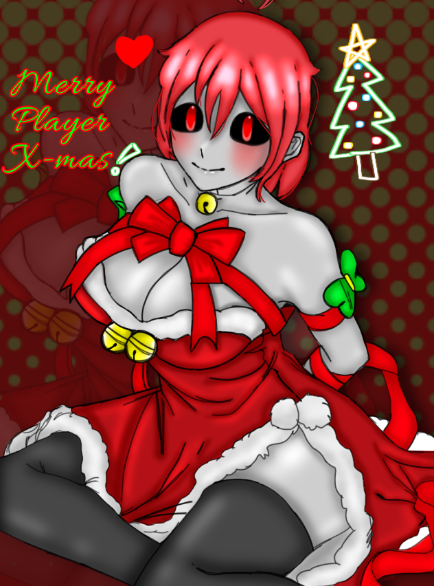 big_breasts christmas_outfit grey_skin player_(underplayer) red_eyes red_hair thighhighs underplayer undertale undertale_au