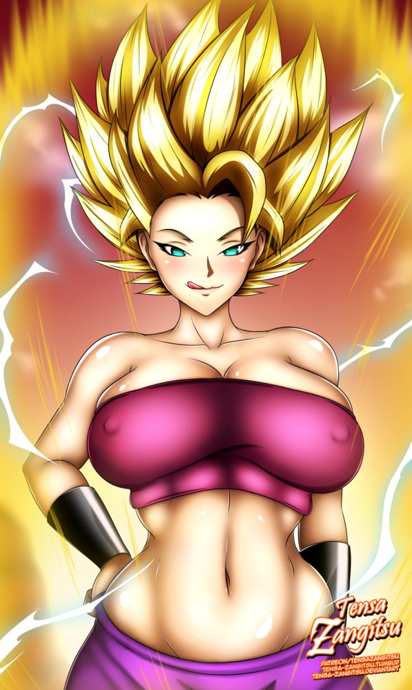 1girls, aura, bare shoulders, big breasts, blonde hair, blush, breasts, caulifla, dragon ball, dragon ball super, electricity, erect nipples, female, green eyes, large breasts, licking lips, light skin, light-skinned female, long hair, navel, nipples, saiyan, solo, spiky hair, super saiyan, super saiyan 2, tensa-zangitsu