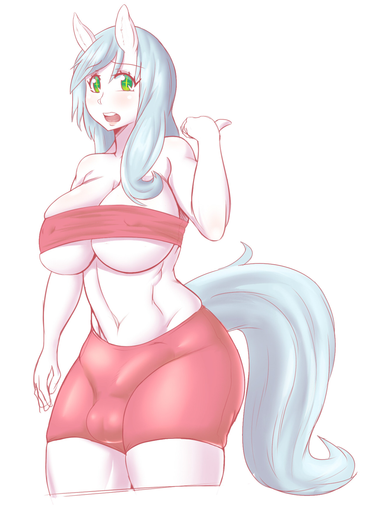 1futa, animal ears, blue hair, breasts, bulge, eliza (gaikiken), futanari, gaikiken, green eyes, intersex, large breasts, looking at viewer, solo futa, tail, underboob