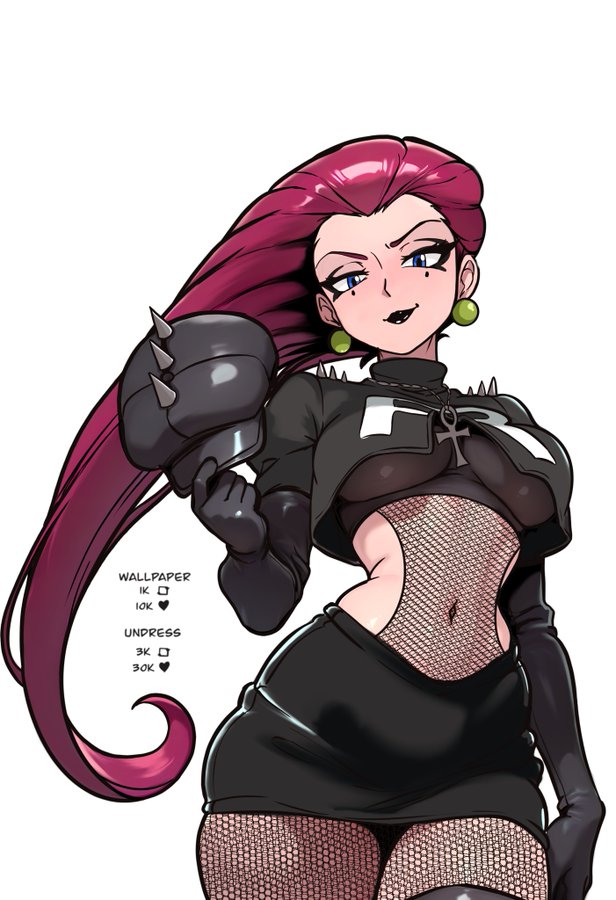 1girls, ai generated, belly button, black lipstick, crop top, cross necklace, earrings, female, female only, fishnets, goth, goth fashion, goth girl, jessie (pokemon), lipstick, long hair, looking at viewer, mole under eye, pokemon, redpostit, skirt, solo, spiked armband, thighhighs, twitter
