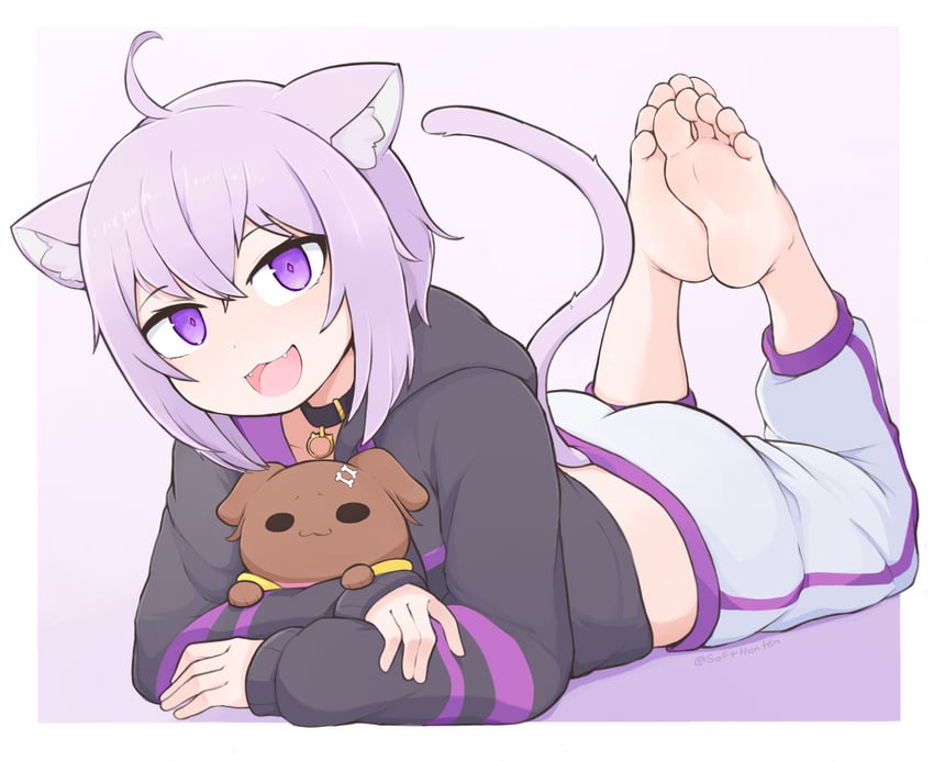 barefoot cat_ears cat_girl cat_tail feet feet_fetish feet_focus feet_up foot_fetish foot_focus hololive hololive_gamers hololive_japan laying_on_stomach nekomata_okayu on_stomach softhanten soles toes virtual_youtuber