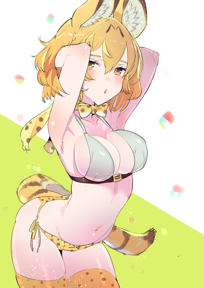 alternate_breast_size alternate_costume animal_ears animal_print arched_back armpits arms_behind_head arms_up bare_arms bare_shoulders bikini blonde_hair bow bowtie breasts cleavage collarbone contrapposto cowboy_shot elbow_gloves female gloves hair_between_eyes kemono_friends large_breasts leaning_forward leopard_print light_brown_eyes looking_at_viewer open_mouth serval_(kemono_friends) serval_ears serval_print serval_tail short_hair sideboob sketch solo striped_tail swimsuit tail tajima_ryuushi thighhighs thighs yellow_legwear