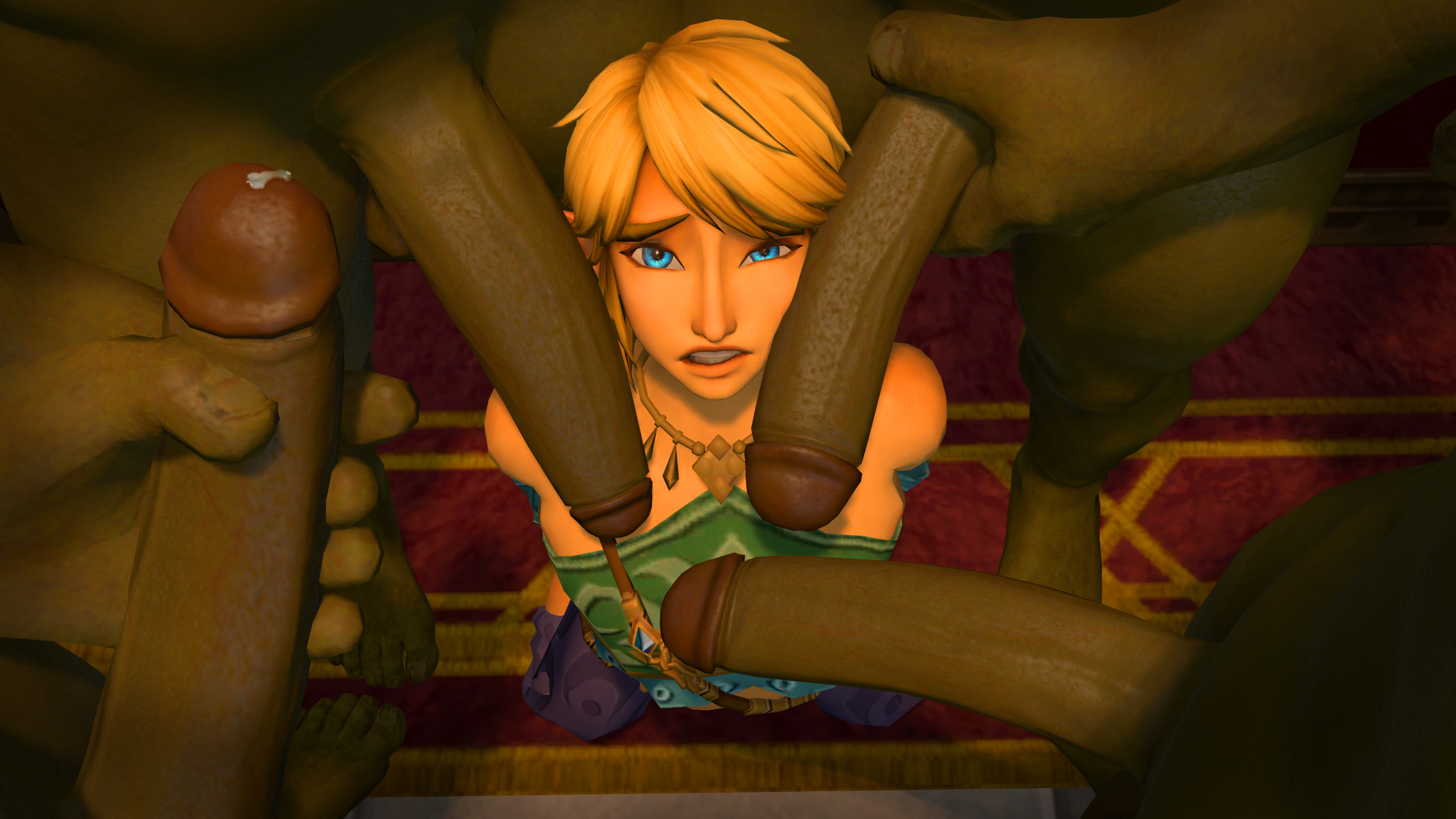 3d, 5boys, big penis, biting lip, breath of the wild, canon crossdressing, crossdressing, femboy, gangbang, ganondorf, gay, gerudo link, green skin, hyrule warriors, imminent oral, link, link (hyrule warriors), male, onyx1886, oral, penis, penis awe, protagonistsub antagonistdom, size difference, the legend of zelda, yaoi