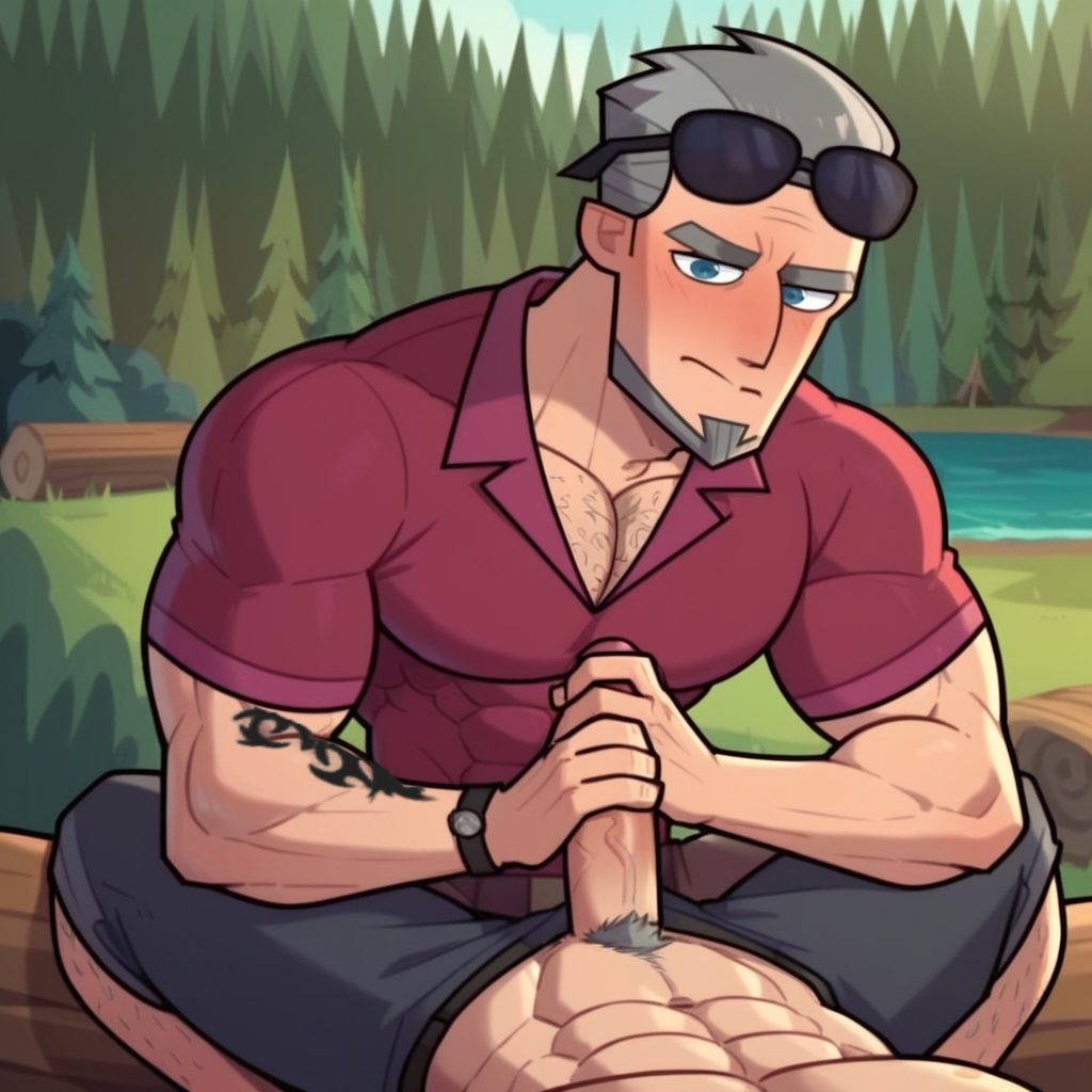 ai_generated bara blush camp connor_(disventure_camp) dilf disventure_camp forest forest_background gay handjob helping_hand muscles muscular muscular_male nsfw public public_nudity tattoos