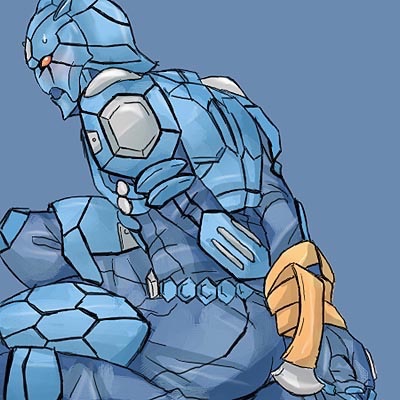 1boy armor armored_male arms_behind_back belt belt_bondage blue_armor blush bondage hands_behind_back hands_tied hands_together imagin kamen_rider kamen_rider_den-o_(series) light_blush looking_back looking_back_at_viewer male_focus male_only orange_eyes solo sweat sweatdrop turtle urataros yellow_belt