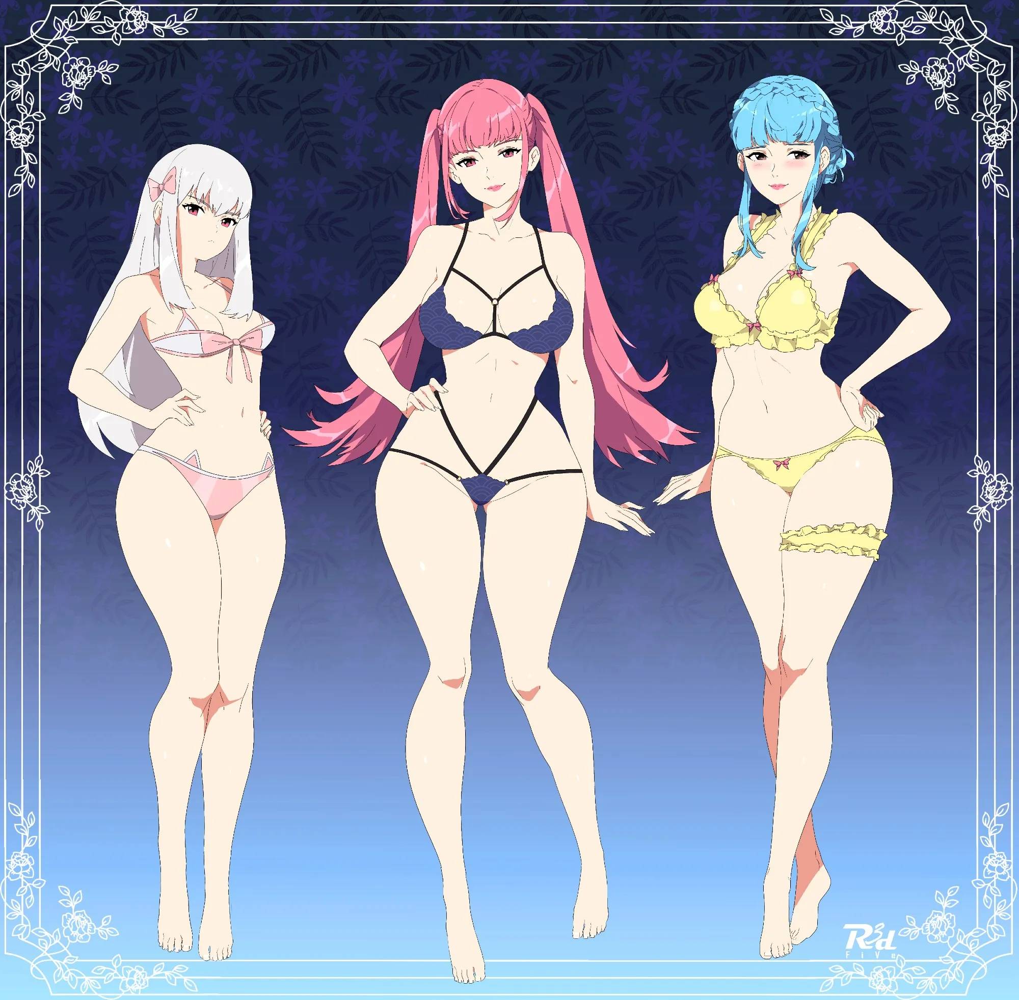 1:1, 1:1 aspect ratio, 2d, 2d (artwork), 2d artwork, 3girls, adult, adult female, almost naked, almost nude, ass visible from the front, ass visible through thighs, average breasts, background, baddie, bare armpits, bare arms, bare belly, bare calves, bare chest, bare hands, bare hips, bare knees, bare legs, bare midriff, bare navel, bare shoulders, bare skin, bare thighs, bare toes, barefoot, belly, belly button, bewitching thighs, big boobs, big breasts, bikini, bikini bottom, bikini only, bikini top, black bikini, black bikini bottom, black bikini top, black swimsuit, black swimwear, blue background, blue eyebrows, blue hair, blue-haired female, braid, braided hair, braids, breasts, breasts apart, brown eyes, brown-eyed female, busty, busty female, busty girl, calves, child bearing hips, cleavage, closed mouth smile, collarbone, commission, commission art, crown braid, curvy, curvy body, curvy female, curvy figure, curvy hips, curvy thighs, digital, digital art, digital drawing, digital drawing (artwork), digital media, digital media (artwork), drawing, elbows, exposed, exposed armpits, exposed arms, exposed belly, exposed chest, exposed hips, exposed legs, exposed midriff, exposed navel, exposed shoulders, exposed skin, exposed thighs, exposed toes, eye-level view, eyebrows visible through hair, feet, female, female focus, female only, fertile, fertile hips, fingernails, fingers, fire emblem, fire emblem: three houses, frilled bikini, frilled bikini bottom, frilled bikini top, frilled swimsuit, frilled swimwear, from front, front view, frown, frown eyebrows, frowning, frowning at viewer, full body, full body view, groin, hair ribbon, halterneck, hand on belly, hand on hip, hand on own belly, hand on own hip, hand on own stomach, hand on own waist, hand on stomach, hand on waist, hands on belly, hands on own belly, hands on own stomach, hands on stomach, head tilt, height difference, hi res, high res, high resolution, highres, hilda valentine goneril, hourglass figure, inframammary fold, inguinal crease, inguinal ligament, knees, knees together, knees together feet apart, large boobs, large breasts, lascivious, lean figure, legs, legs closed, legs together, legs together feet apart, light smile, lip gloss, lips, lipstick, long hair, looking at viewer, lysithea von ordelia, marianne von edmund, mature, mature female, mature woman, medium breasts, midriff, monotone background, mostly nude, multiple females, multiple girls, naked, naked female, naked woman, narrow waist, navel, nearly nude, nintendo, nipple bulge, no shoes, nude, nude female, nudity, one color background, perky breasts, perky tits, petite, petite body, petite breasts, petite female, petite girl, petite tits, pink eyes, pink hair, pink hair female, pink hair ribbon, pink lips, pink lipstick, pink ribbon, pink-eyed female, pink-haired female, plain background, posing, posing for the viewer, posing naked, posing nude, practically nude, r3dfive, red eyes, red-eyed female, ribbon, scowl, short hair, shoulders, sidelocks, slender body, slender waist, slight smile, slim female, slim waist, smile, smiley face, smiling, smiling at viewer, standing, string bikini, swimsuit, swimwear, thick thighs, thigh gap, thighband, thighs, thighs together, thighstrap, tied hair, tilted head, toes, touching belly, touching hip, touching own belly, touching own stomach, touching stomach, touching waist, trio, trio female, twintails, twintails (hairstyle), voluptuous, voluptuous body, voluptuous female, voluptuous figure, voluptuous woman, white bikini, white bikini bottom, white bikini top, white eyebrows, white hair, white swimsuit, white swimwear, white-haired female, wide hips, woman, yellow bikini, yellow bikini bottom, yellow bikini top, yellow swimsuit, yellow swimwear