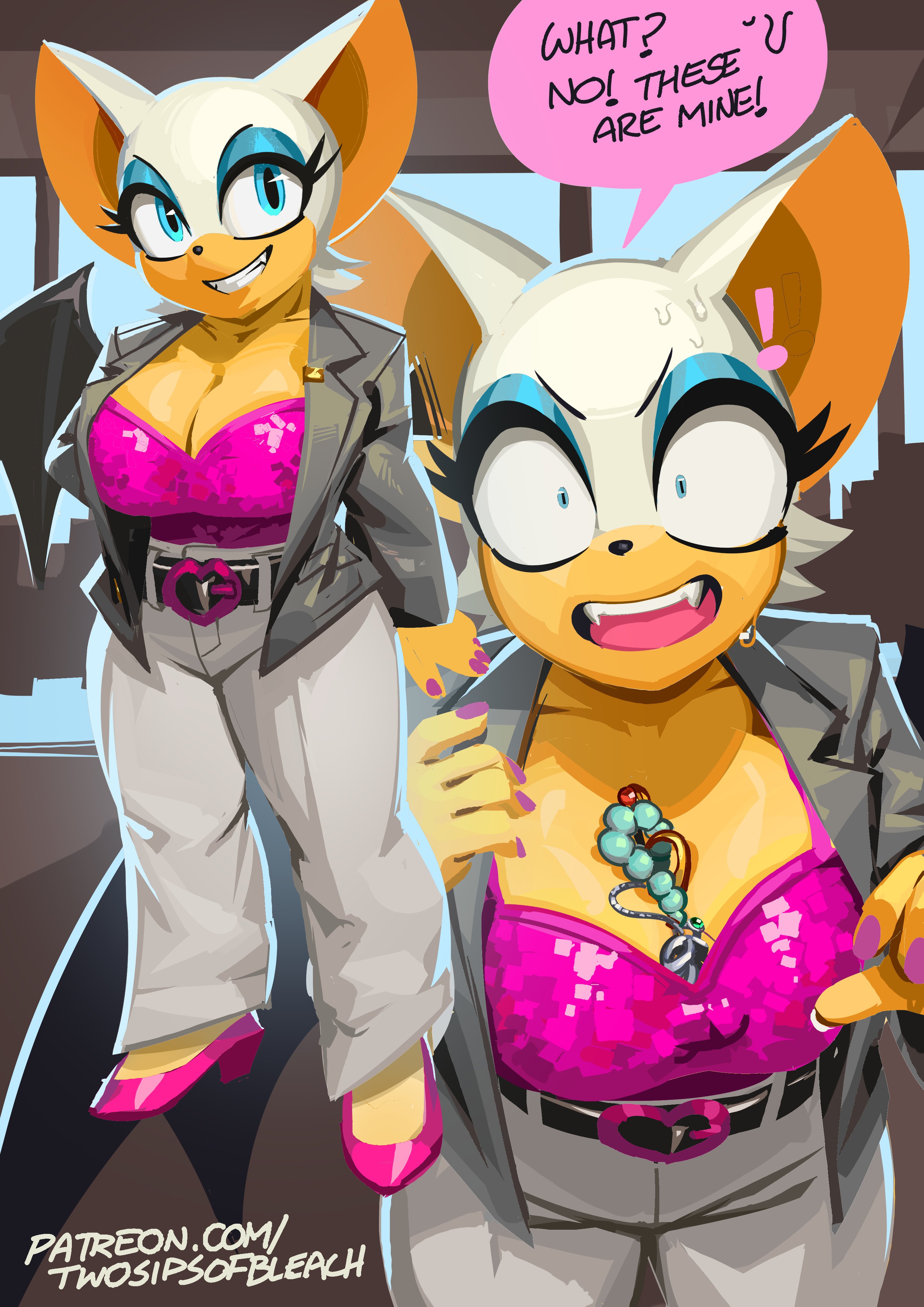 !, 1girl, absurdres, alternate costume, animal ears, animal nose, bat ears, bat girl, bat wings, belt, belt buckle, big breasts, blue eyes, blue eyeshadow, breasts, cleavage, collarbone, eyeshadow, full body, furry, furry female, grey jacket, grin, heart belt, heart belt buckle, heart buckle, high heels, highres, indoors, jacket, jewelry, large breasts, lipstick, looking at viewer, makeup, multiple views, necklace between breasts, open mouth, pants, patreon username, pink nails, pink shirt, pink shoes, rouge the bat, sega, shirt, shoes, simple background, smile, solo, sonic (series), sonic the hedgehog (series), speech bubble, standing, tan, theft, twosipsofbleach, white fur, white pants, wings