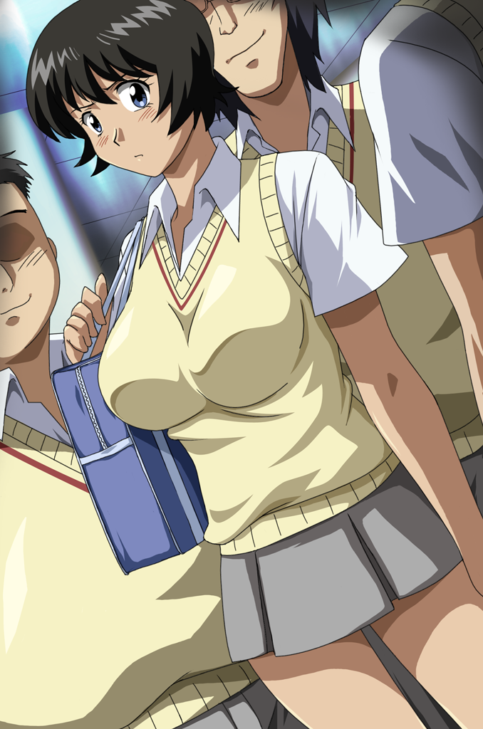 1girls 3boys black_hair blue_eyes blush grey_shirt grey_skirt group imminent_rape imminent_sex large_breasts major major_(series) makino_tomoyasu miniskirt school_uniform shimizu_kaoru short_black_hair short_skirt skirt surrounded