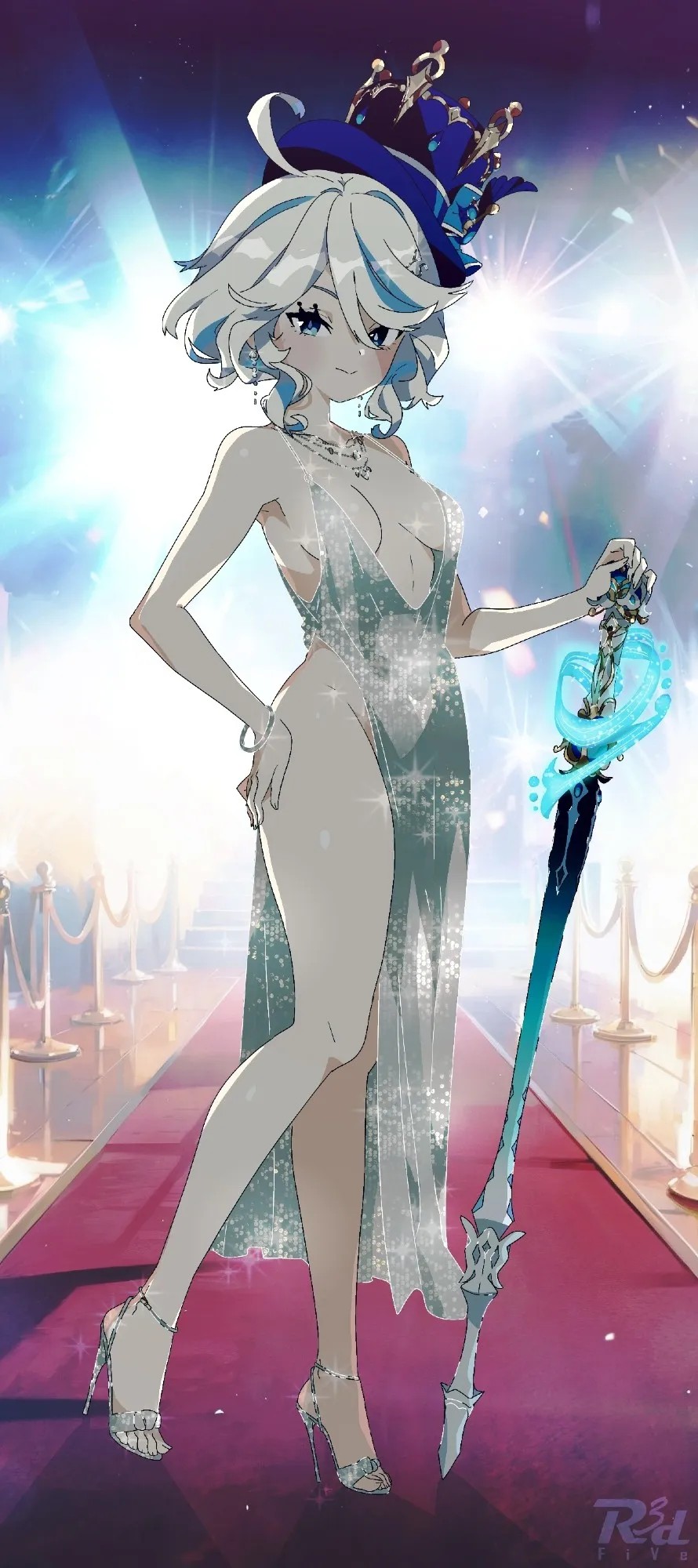 1girls, 2d, 2d (artwork), 2d artwork, ahoge, armpits, average breasts, azur lane, bare armpits, bare arms, bare calves, bare chest, bare hands, bare hips, bare knees, bare legs, bare shoulders, bare skin, bare thighs, bare toes, blue eyes, blue hair, blue-eyed female, blue-haired female, breasts, breasts apart, calves, cane, clothes, collarbone, curvaceous, curvaceous body, curvaceous female, curvaceous figure, curvaceous hips, curvy, curvy body, curvy female, curvy figure, curvy hips, digital, digital art, digital drawing, digital drawing (artwork), digital media, digital media (artwork), drawing, dress, earrings, elbows, exposed armpits, exposed arms, exposed chest, exposed hips, exposed legs, exposed shoulders, exposed skin, exposed thighs, exposed toes, eye-level view, fanart, female, female focus, female only, fingers, fit female, footwear, full body, full body view, furina (genshin impact), game character, genshin impact, grey clothes, grey dress, grey outfit, grey topwear, groin, hair between eyes, high heels, hoyoverse, inframammary fold, knees, lean figure, legs, linea alba, long hair, looking at viewer, medium breasts, mihoyo, multicolored hair, narrow waist, outfit, portrait, r3dfive, shoes, shoulders, silver footwear, silver high heels, silver shoes, slender body, slender waist, slim female, slim waist, solo, split-color hair, st. louis (azur lane), standing, thighs, three quarter view, three-quarter view, toes, topwear, two tone hair, two-tone hair, underboob, video game, video game character, video games, wavy hair, white hair, white-haired female, wide hips