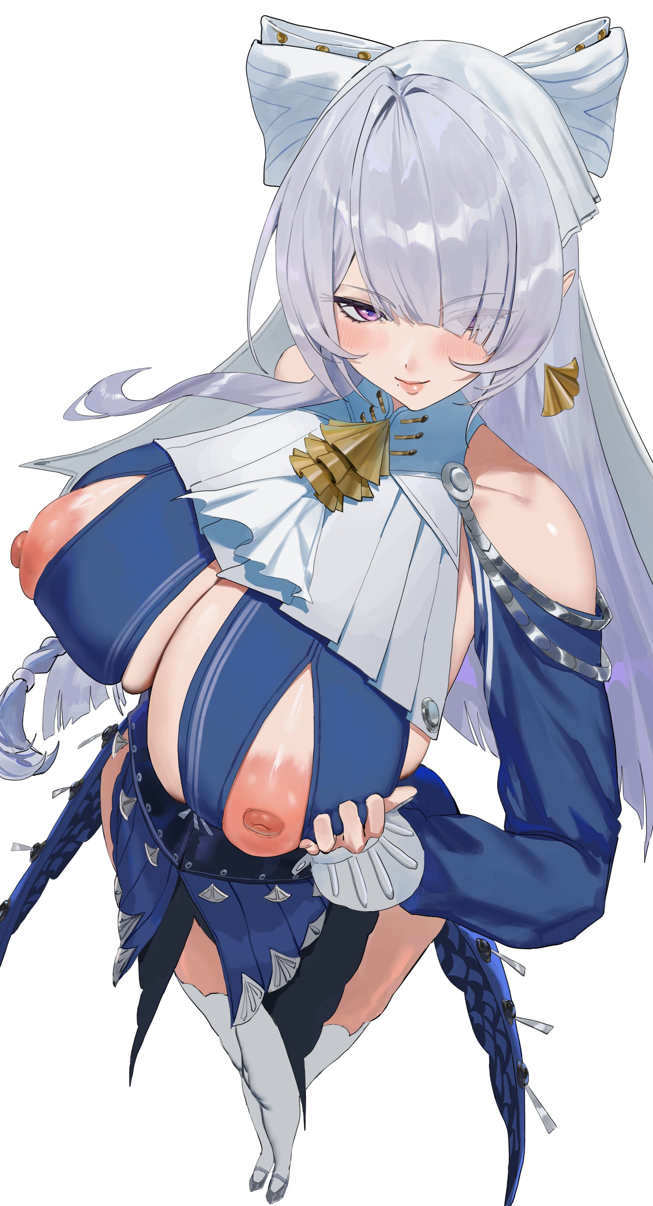 1girls, areolae, artist request, big breasts, breasts, exposed breasts, exposed nipples, female, female only, full body, functionally nude, hair covering one eye, hair over one eye, hoyoverse, huge breasts, large breasts, light skin, light-skinned female, mihoyo, nipples, partially clothed, plump lips, pointy ears, revealing clothes, simple background, solo, solo female, tagme, velina airgid, white hair, zenless zone zero