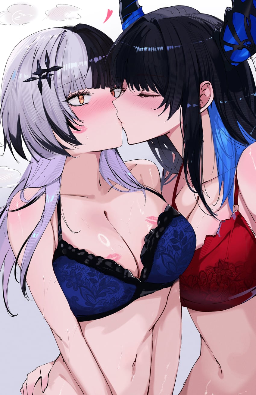 2girls, absurd res, big breasts, blushing, cleavage, female only, female/female, hololive, hololive english, kiss, kiss on lips, kissing, large breasts, lesbian kiss, lipstick mark, lipstick mark on breast, meeko illus, navel, nerissa ravencroft, shiori novella, tummy, two-tone hair, underwear, underwear only, virtual youtuber, vtuber, yuri