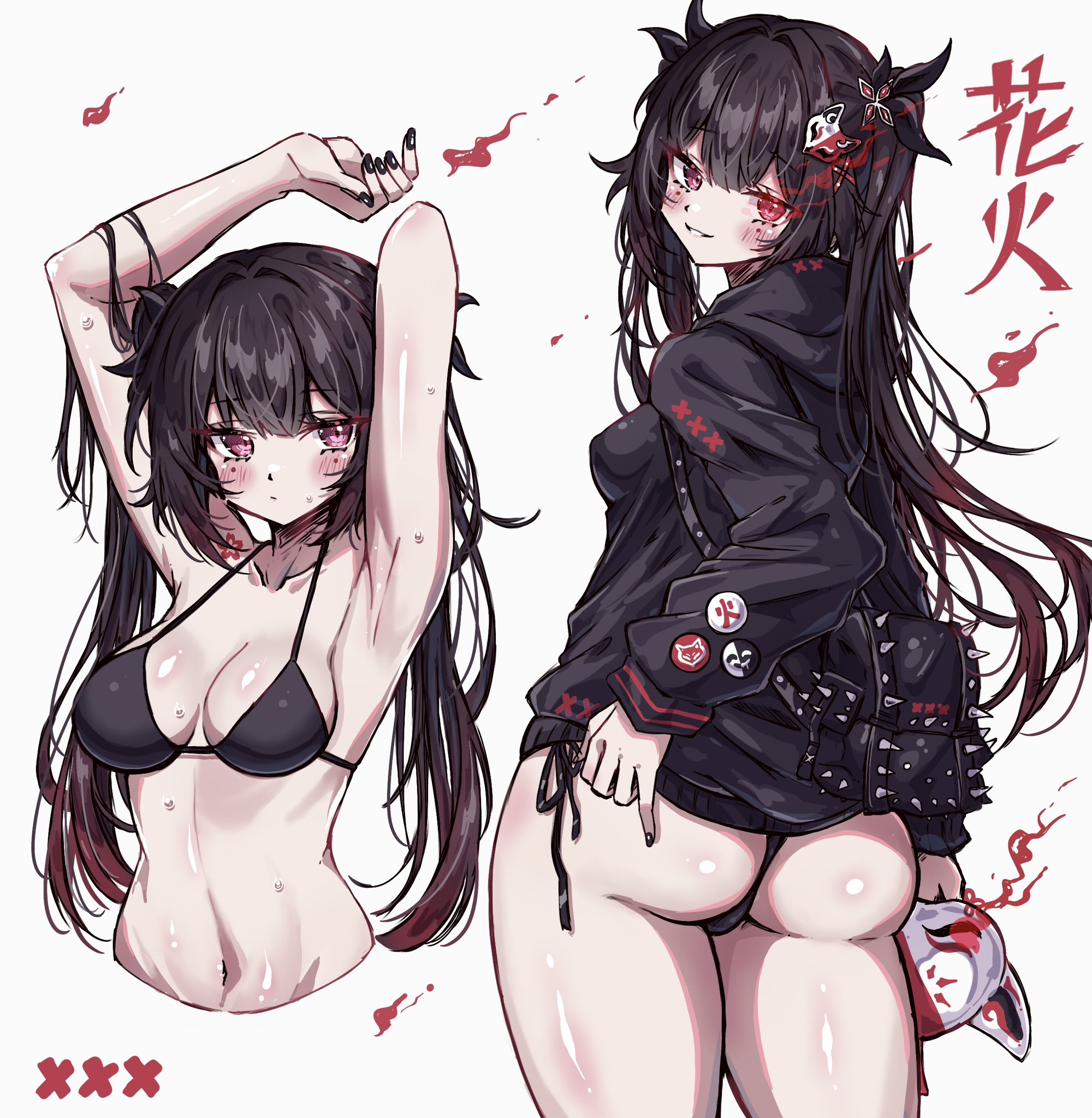 1girl, armpits, arms up, ass, bare shoulders, big ass, bikini, black bikini, black hair, black jacket, black nails, black ribbon, bottomless, breasts, bubble butt, commentary, english commentary, female, female focus, female only, glowing eyes, hair ribbon, half-dressed, highres, honkai (series), honkai: star rail, huge ass, jacket, long hair, long sleeves, looking at viewer, looking back, mask, medium breasts, multiple views, nail polish, navel, petite, petite body, petite female, posing, red eyes, ribbon, round ass, simple background, smile, solo, sparkle (honkai: star rail), spikes, stomach, swimsuit, teasing, twintails, usa (usagi minku), very long hair, viewed from behind, white background