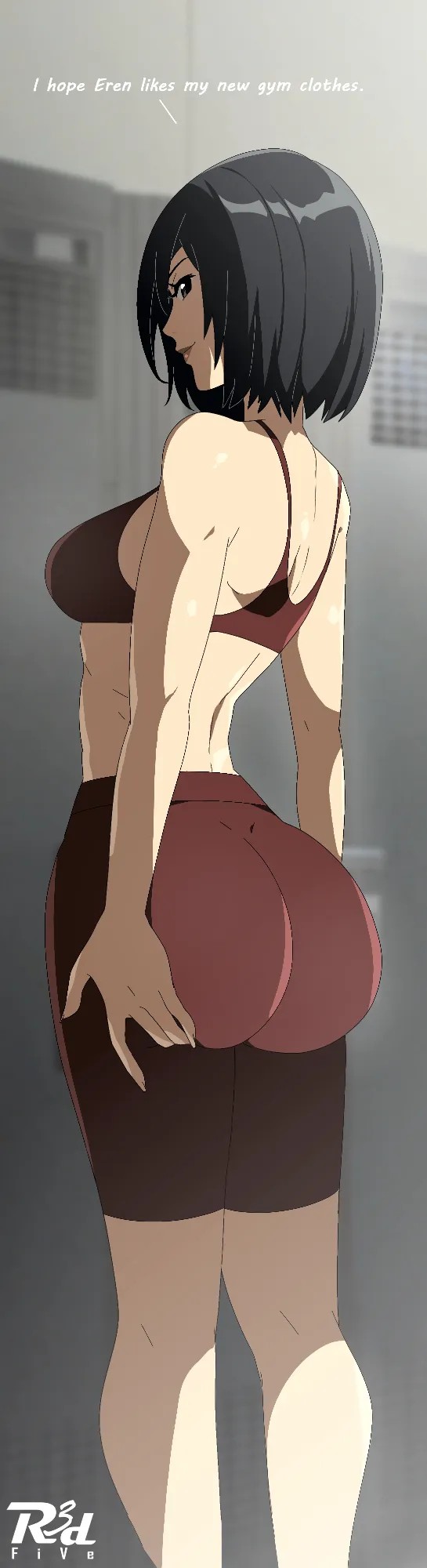 1girls, 2d, 2d (artwork), 2d artwork, adult, adult female, ass, ass cleavage, ass crack, attack on titan, back, back shot, back view, behind view, big boobs, big breasts, black eyebrows, black eyes, black hair, black-eyed female, black-haired female, bra, breasts, busty, busty female, busty girl, butt, changing booth, changing room, closed mouth smile, dark hair, digital, digital art, digital drawing, digital drawing (artwork), digital media, digital media (artwork), drawing, exposed, eye-level view, female, female focus, female only, fingers, fitting room, from back, from behind, from behind angle, from behind view, half naked, half nude, hand on ass, hand on butt, hand on own ass, hand on own butt, hourglass figure, indoor, indoor background, indoor nudity, indoors, interior background, kneepits, large boobs, large breasts, lean figure, leg out of frame, legs out of frame, looking at viewer, looking back, looking back at viewer, mature, mature female, mature woman, median furrow, mikasa ackerman, naked, naked female, naked woman, narrow waist, nude, nude female, nudity, partially undressed, portrait, posing, posing for the viewer, posing naked, posing nude, profile, r3dfive, rear view, red bra, red shorts, red underwear, semi nude, shingeki no kyojin, short hair, shorts, shoulder blades, shoulders, sideboob, slender body, slender waist, slim female, slim waist, smile, smiley face, smiling, smiling at viewer, solo, standing, thick ass, thick butt, thick thighs, thighs, top view, touching ass, touching butt, underwear, wide hips, woman