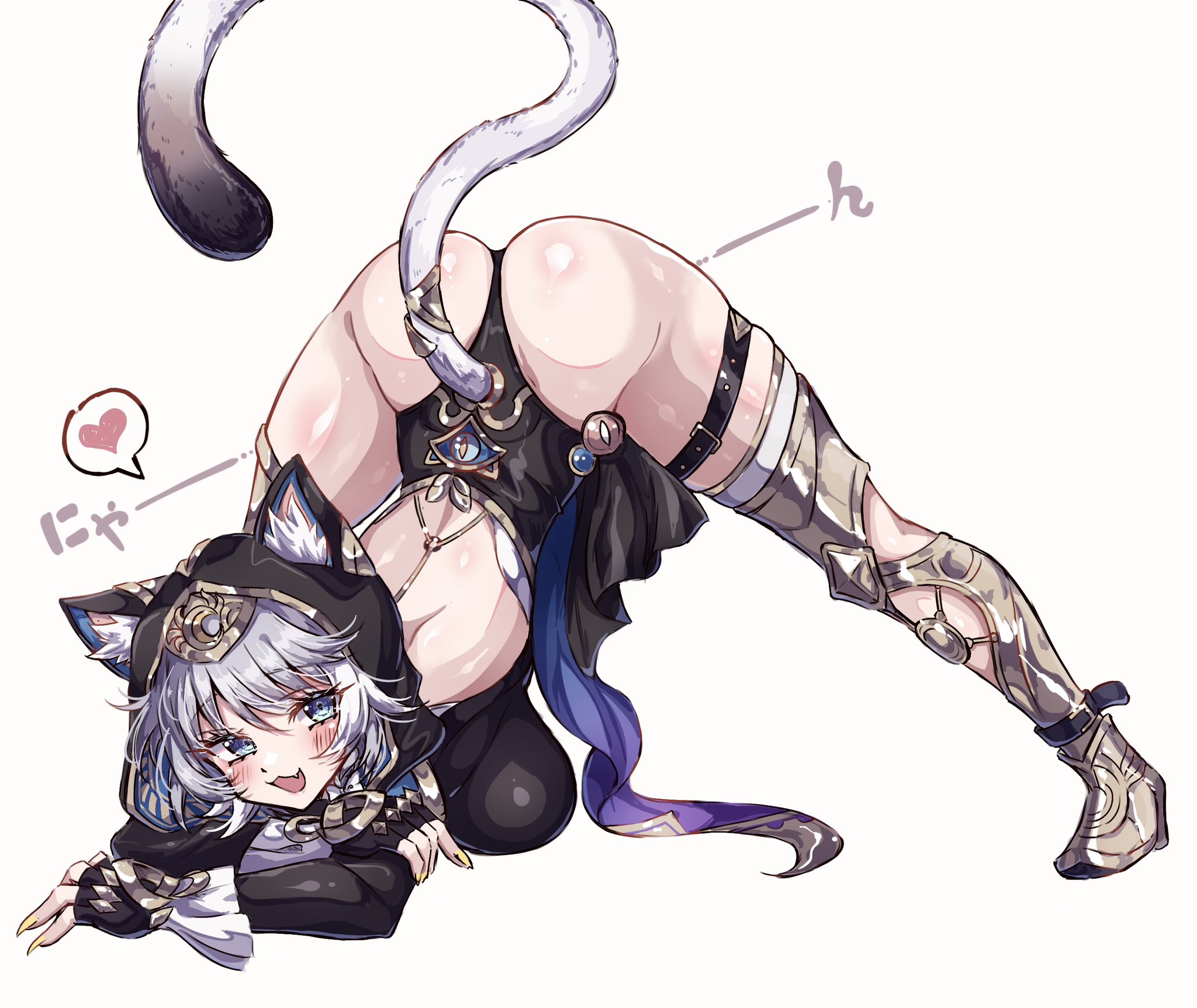 1girl, animal ears, animal hood, armor, ass, ass up, back, big ass, big breasts, black leotard, blue eyes, blush, boots, breasts, cat ears, cat girl, cat hood, cat tail, catgirl, cipher (honkai: star rail), commentary, female, female focus, female only, fingerless gloves, gloves, gold boots, grey hair, heart, highres, hip grab, hips, honkai (series), honkai: star rail, hood, hooded leotard, huge ass, huge breasts, jack-o pose, jack-o' challenge, large breasts, leotard, looking at viewer, meme, short hair, simple background, smile, solo, spoken heart, tail, thick thighs, thighhighs, thighs, top-down bottom-up, untranslatable commentary, usa (usagi minku), white background, yellow nails