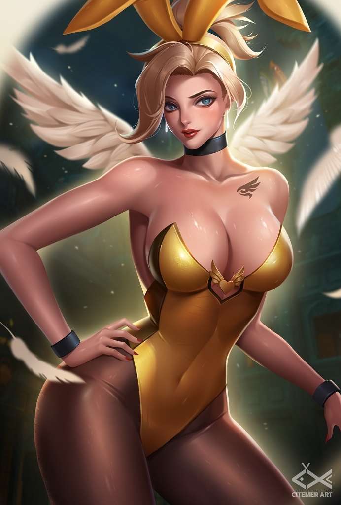 1girls, angela ziegler, blizzard entertainment, blonde hair, blue eyes, bunny ears, bunny girl, bunnysuit, citemer, feathers, female, female only, hand on hip, hand on hips, leotard, lipstick, mercy, overwatch, pantyhose, solo, tattoo, wings