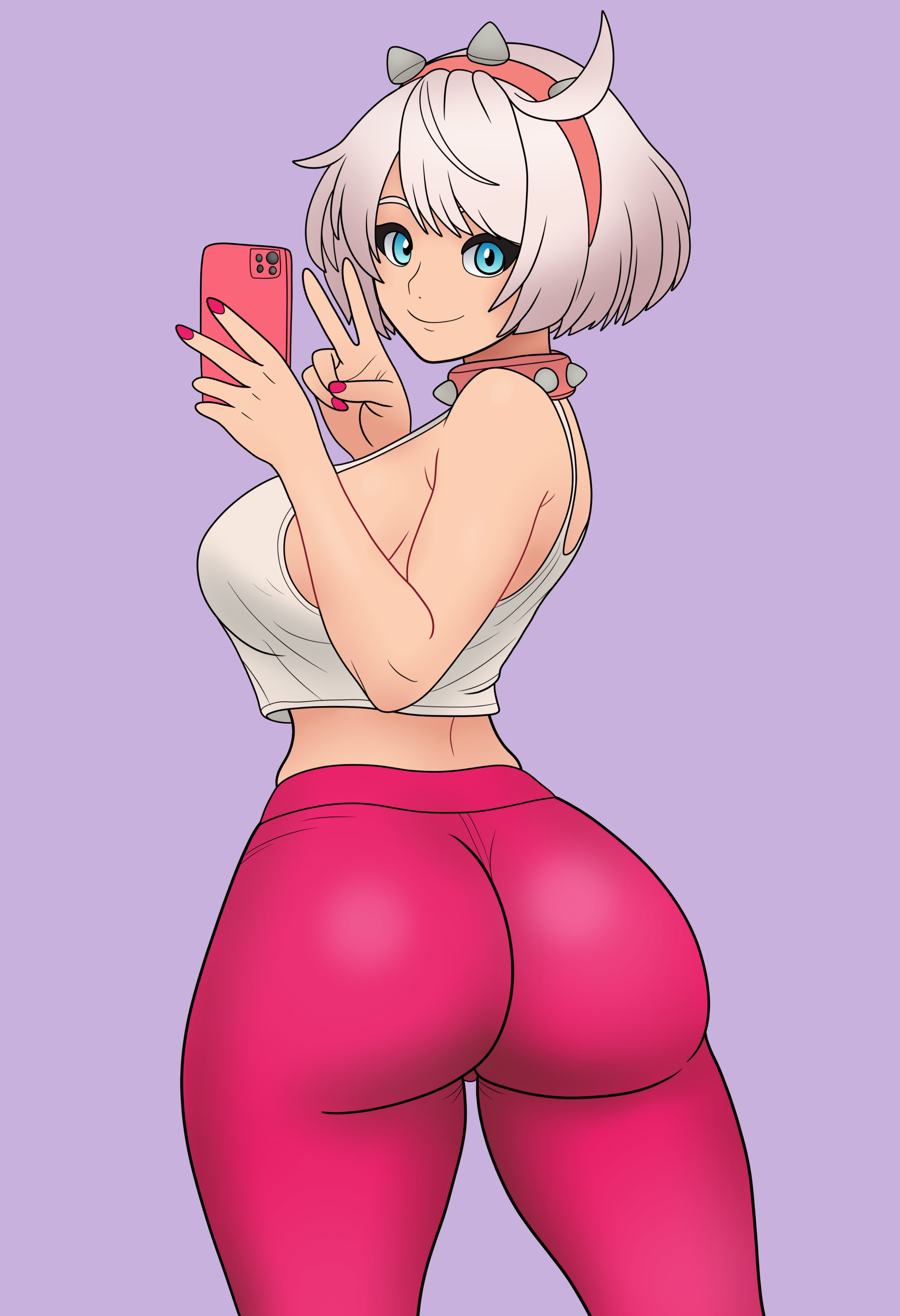 1girl, 1girls, ahoge, alternate costume, aqua eyes, ass, ass focus, bare shoulders, big ass, big breasts, blush, bojack198, bottom heavy, breasts, cellphone, child bearing hips, collar, elphelt valentine, female, female only, from behind, guilty gear, guilty gear strive, guilty gear xrd, huge ass, huge hips, huge thighs, large breasts, looking at viewer, looking back, pants, phone, selfie, short hair, sideboob, smile, solo, strapless, tube top, v, white hair, wide hips
