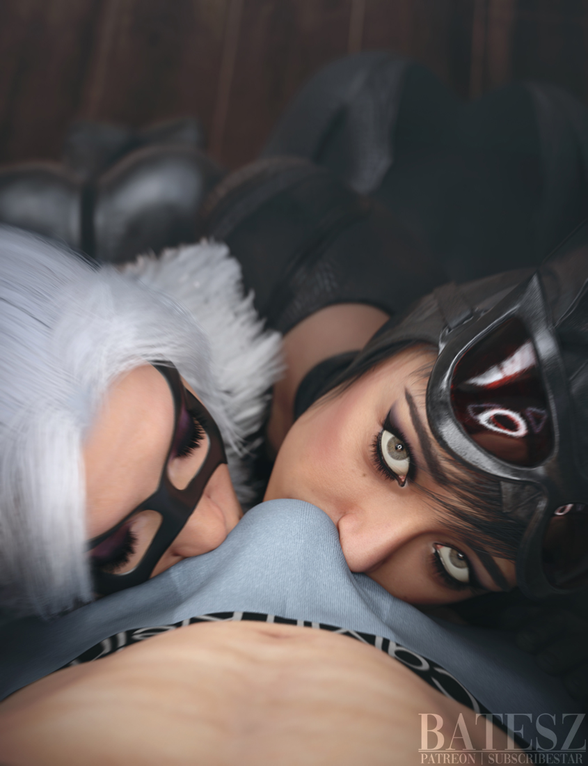1boy, 2026, 2girls, 3d, 3d (artwork), artist name, ass, batesz, batman (series), big ass, black cat (insomniac), black cat (marvel), black hair, bodysuit, boxers, boxers only, brown eyes, bulge, bulge in face, bulge through clothing, bulge under clothes, calvin klein, catsuit, catwoman, catwoman (arkham), clothed, clothed female, crossover, dc, dc comics, eye contact, eye contact pov, eyeliner, eyeshadow, felicia hardy, female, goggles, goggles on head, headgear, imminent fellatio, imminent oral, kissing bulge, kneeling, kneeling oral position, light skin, light-skinned female, light-skinned male, long hair, looking up, makeup, male, male pov, male/female, marvel, marvel comics, mascara, mask, masked, masked female, multiple girls, partially clothed, partially clothed male, selina kyle, short hair, skin tight, skin tight suit, spider-man (ps4), spider-man (series), straight, watermark, white hair