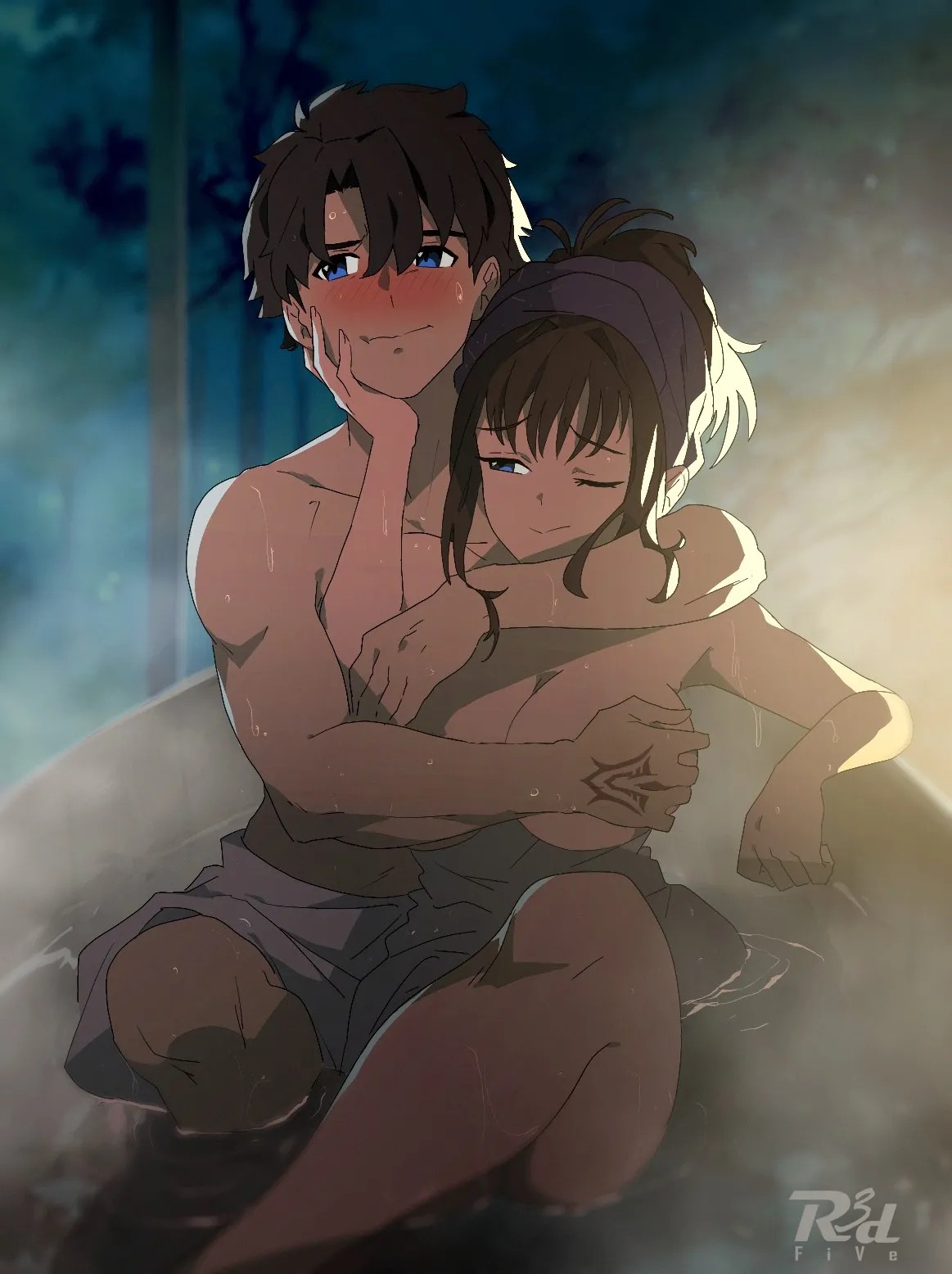 1boy, 1boy1girl, 1girl, 1girls, aozaki aoko, blue eyes, blue-eyed female, boob grab, breast grab, breast grab from behind, breast grabbed from behind, busty, busty female, busty girl, caressing breasts, commission, commission art, eye closed, fondling, fondling breasts, fujimaru ritsuka (male), grabbing breast, grabbing breasts, grabbing breasts from behind, grabbing tits, grope, grope from behind, groped from behind, groping, groping breast, groping breasts, groping chest, groping from behind, hetero, male, one eye closed, one eye open, one-eye closed, r3dfive, touching breast, touching breasts