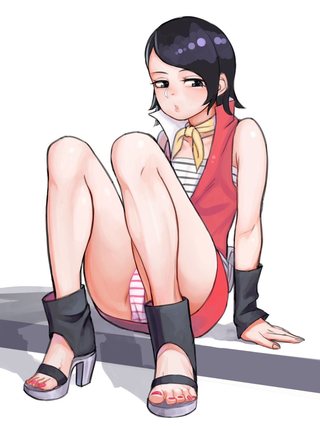 black eyes, black hair, boruto: naruto next generations, clothes, feet, female, high heels, kerchief, nail polish, naruto, naruto (series), panties, platform heels, sarada uchiha, short hair, sitting, solo, striped panties, tagme, toenail polish, uchiha sarada