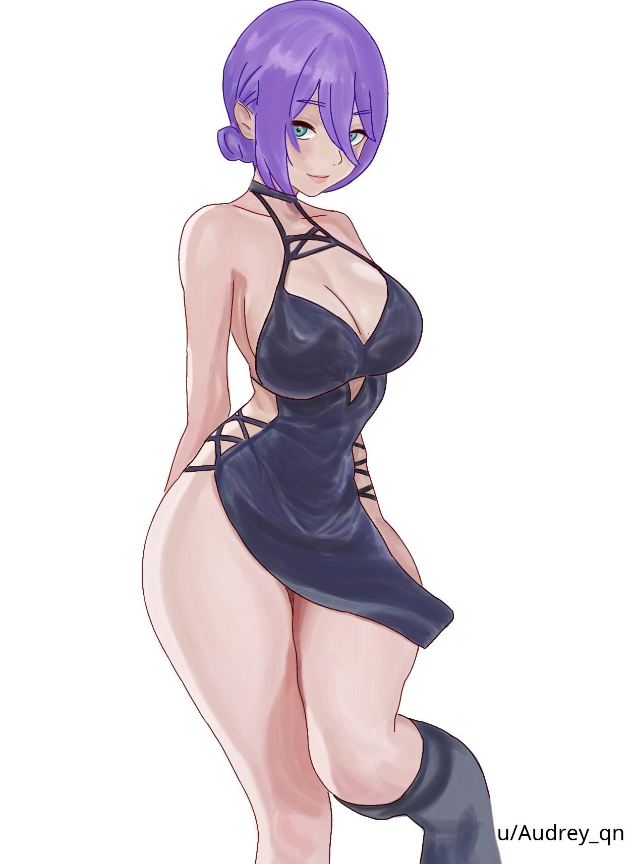 1girls, 2d, 2d (artwork), 2d artwork, alternate body type, alternate breast size, alternate breast size (larger), alternative breast size, anime, anime character, arm behind back, background, bare arms, bare chest, bare hands, bare hips, bare legs, bare shoulders, bare skin, bare thighs, big boobs, big breasts, black choker, black clothes, black dress, black outfit, black topwear, blank background, breasts, busty, busty female, busty girl, busty teen, busty teenager, chainsaw man, choker, cleavage, closed mouth smile, clothes, collarbone, curvaceous, curvaceous body, curvaceous female, curvaceous figure, curvaceous hips, curvaceous teenager, curvy, curvy body, curvy female, curvy figure, curvy hips, curvy teen, digital, digital art, digital drawing, digital drawing (artwork), digital media, digital media (artwork), drawing, dress, european, european female, european girl, exposed arms, exposed chest, exposed hips, exposed legs, exposed shoulders, exposed skin, exposed thighs, eye-level view, fanart, feet out of frame, female, female focus, female only, foot out of frame, from front, front view, green eyes, green-eyed female, groin, hair between eyes, hair bun, hand behind back, head tilt, hourglass figure, knees, knees out of frame, knees together, knees together feet apart, large boobs, large breasts, lean figure, legs closed, legs together, legs together feet apart, light smile, lip gloss, lips, lipstick, long hair, looking at viewer, manga character, mappa, monotone background, narrow waist, one color background, outfit, pink lips, pink lipstick, plain background, portrait, posing, posing for the viewer, purple eyebrows, purple hair, purple-haired female, reze (chainsaw man), russian, russian female, russian girl, shonen jump, shoulders, shueisha, slender body, slender waist, slight smile, slim female, slim waist, smile, smiley face, smiling, smiling at viewer, solid color background, solo, standing, teen girl, teenage female, teenage girl, teenage tits, teenager, thick thighs, thighs, thighs together, tied hair, tight clothes, tight dress, tight outfit, tight topwear, tilted head, top view, topwear, upper body, voluptuous, voluptuous body, voluptuous female, voluptuous figure, voluptuous teenager, voluptuous woman, weekly shonen jump, white background, wide hips, young female, young woman
