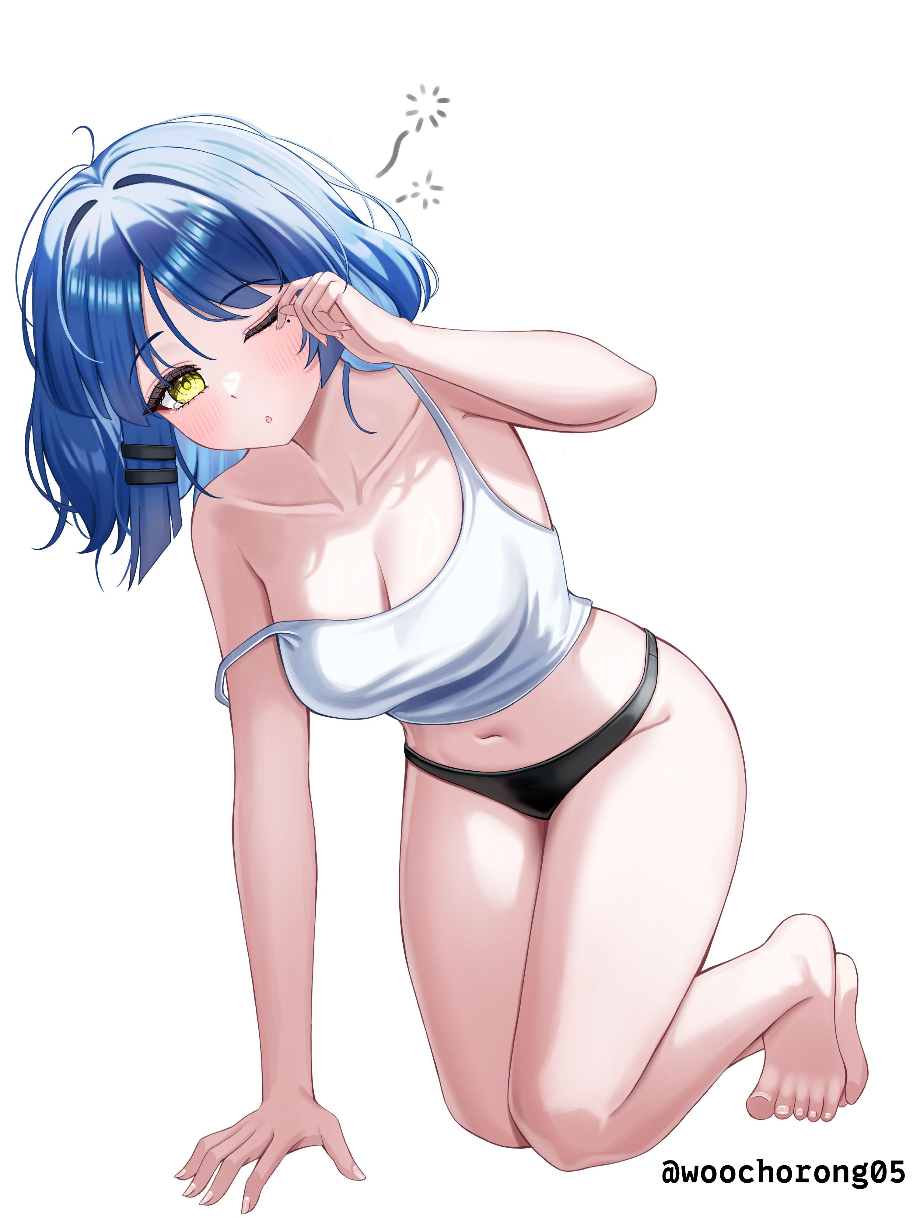 :o, ///, 1girls, 2d, 2d (artwork), 2d artwork, almost naked, almost nude, anime, anime character, arm support, armpits, asian, asian female, asian girl, background, bare armpits, bare arms, bare belly, bare calves, bare chest, bare hands, bare hips, bare knees, bare legs, bare navel, bare shoulders, bare skin, bare soles, bare thighs, bare toes, barefoot, belly, belly button, big boobs, big breasts, black panties, black underwear, blank background, blue eyebrows, blue hair, blue-haired female, blush face, blush lines, blushing, blushing female, blushing lines, bocchi the rock!, breasts, busty, busty female, busty girl, busty teen, busty teenager, calves, cleavage, cloverworks, collarbone, curvaceous, curvaceous body, curvaceous female, curvaceous figure, curvaceous hips, curvaceous teenager, curvy, curvy body, curvy female, curvy figure, curvy hips, curvy teen, digital, digital art, digital drawing, digital drawing (artwork), digital media, digital media (artwork), drawing, elbows, exposed, exposed armpits, exposed arms, exposed belly, exposed chest, exposed hips, exposed legs, exposed navel, exposed shoulders, exposed skin, exposed thighs, exposed toes, eye closed, eye-level view, eyebrows visible through hair, fanart, feet, female, female focus, female only, female protagonist, fingernails, fingers, flushed, flushed cheeks, flushed face, from front, front view, full body, full body view, green eyes, green-eyed female, groin, hair clip, hair clips, hair intakes, hairclip, hairclips, head tilt, hi res, high res, high resolution, high school student, highres, hourglass figure, inguinal crease, inguinal ligament, japanese, japanese female, japanese girl, knees, large boobs, large breasts, lean figure, legs, legs closed, legs together, looking at viewer, manga character, midriff, mole, mole on body, mole on cheek, mole on face, mole under eye, monotone background, mostly nude, naked, naked female, naked woman, narrow waist, navel, nearly nude, no shoes, nude, nude female, nudity, one color background, one eye closed, one eye open, one-eye closed, open mouth, panties, parted lips, plain background, portrait, practically nude, school girl, short hair, shoulders, sleepy, slender body, slender waist, slim female, slim waist, solid color background, solo, tank top, teen girl, teenage female, teenage girl, teenage tits, teenager, thighs, thighs together, tilted head, tired, tired expression, tired eyes, tired look, toes, topwear, twitter link, twitter source, underwear, white background, white tank top, white topwear, wide hips, x link, yamada ryou, young female, young woman