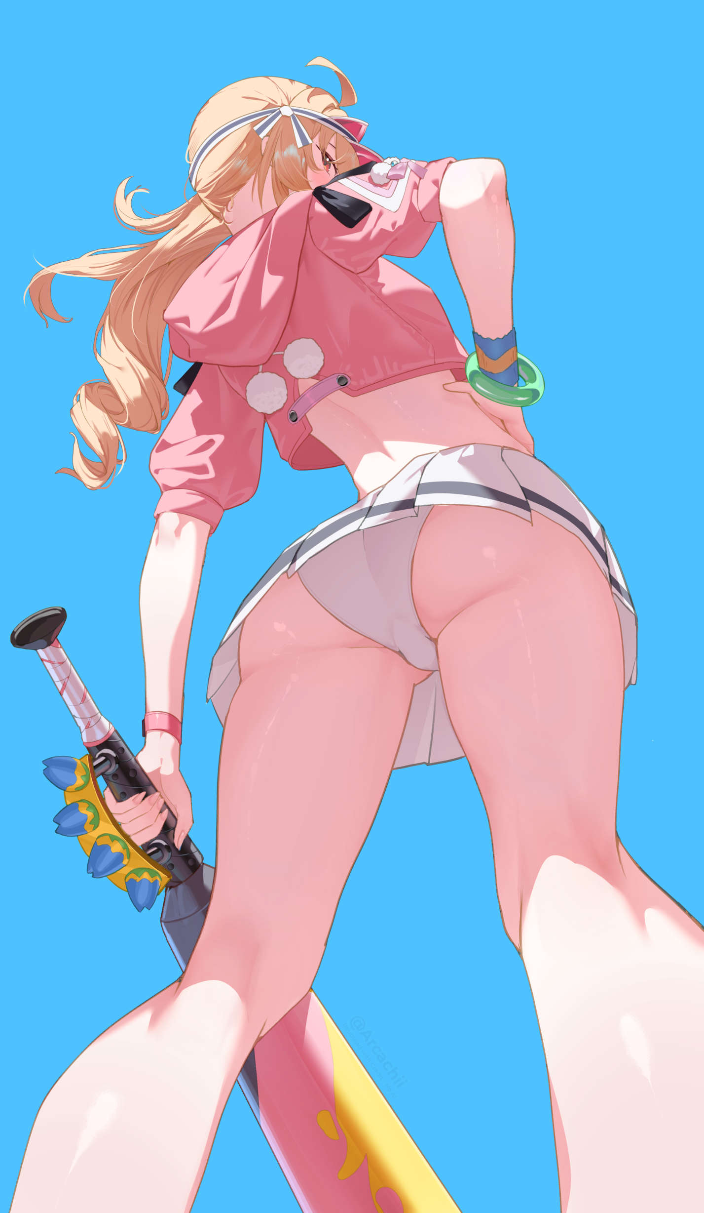 1girl absurdres ass baseball_bat baseball_uniform bikini blonde_hair blue_sky from_below highres jacket long_hair long_nails luciana_de_montefio luciana_de_montefio_(princess_on_holiday) metal_baseball_bat official_alternate_costume pantyshot pink_jacket skirt sky solo sportswear swimsuit upskirt white_bikini white_skirt zenless_zone_zero