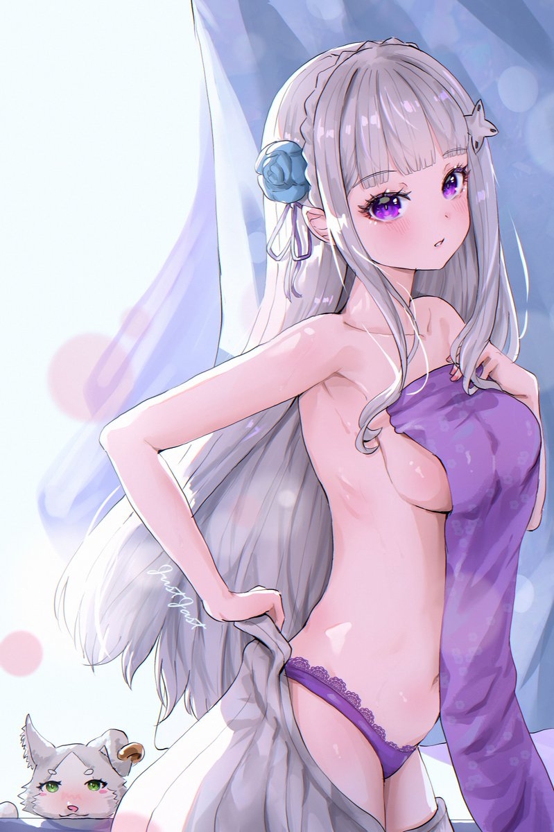 1girls, 2d, 2d (artwork), 2d artwork, adult, adult female, anime, anime character, armpit, armpit crease, armpit peek, armpits, belly, belly button, big boobs, big breasts, blue pupils, blunt bangs, breasts, busty, busty female, busty girl, cat, collarbone, digital, digital art, digital drawing, digital drawing (artwork), digital media, digital media (artwork), drawing, elbows, elf, elf ear, elf ears, elf female, elf girl, emilia (re:zero), exposed, eyebrows visible through hair, fanart, female, female focus, female only, female protagonist, fingernails, fingers, flower, flower hair ornament, flower in hair, flower on head, groin, hair ornament, hairless armpits, half elf, half naked, half nude, head tilt, inframammary fold, justjast88, lace-trimmed panties, lace-trimmed thong, lace-trimmed underwear, large boobs, large breasts, lean figure, long hair, looking at viewer, looking sideways, looking to the side, manga character, mature, mature female, mature woman, nail polish, nails, naked, naked female, naked woman, narrow waist, navel, nude, nude female, nudity, panties, partially undressed, pink fingernails, pink nail polish, pink nails, pointy ears, portrait, presenting armpit, puck (re:zero), purple eyes, purple panties, purple thong, purple underwear, purple-eyed female, re:zero kara hajimeru isekai seikatsu, semi nude, shaved armpits, shoulders, sideboob, silver eyebrows, silver hair, silver hair female, silver-haired female, skirt, slender body, slender waist, slim female, slim waist, solo, standing, thighs, thong, tilted head, underwear, upper body, white fox (studio), white skirt, woman