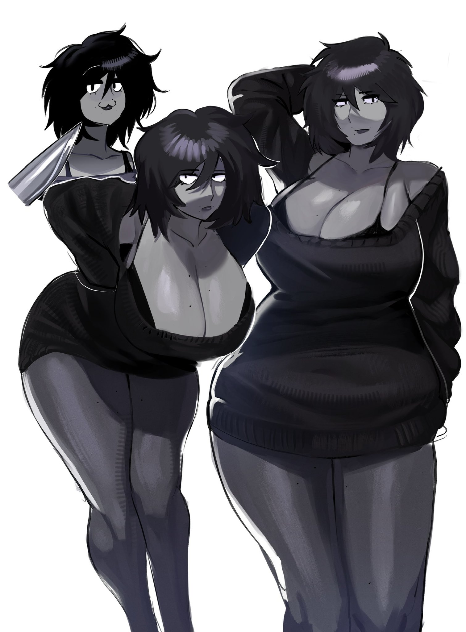 1girls, big ass, big breasts, big thighs, black eyes, black hair, bra, bra strap, clothed, clothing, emo, g jws54, goth, goth girl, huge breasts, large breasts, large thighs, leaning, leaning forward, looking at viewer, looking unamused, milf, safe for work, same character, sfw, showing breasts, suggestive, sweater, thick thighs, uninterested