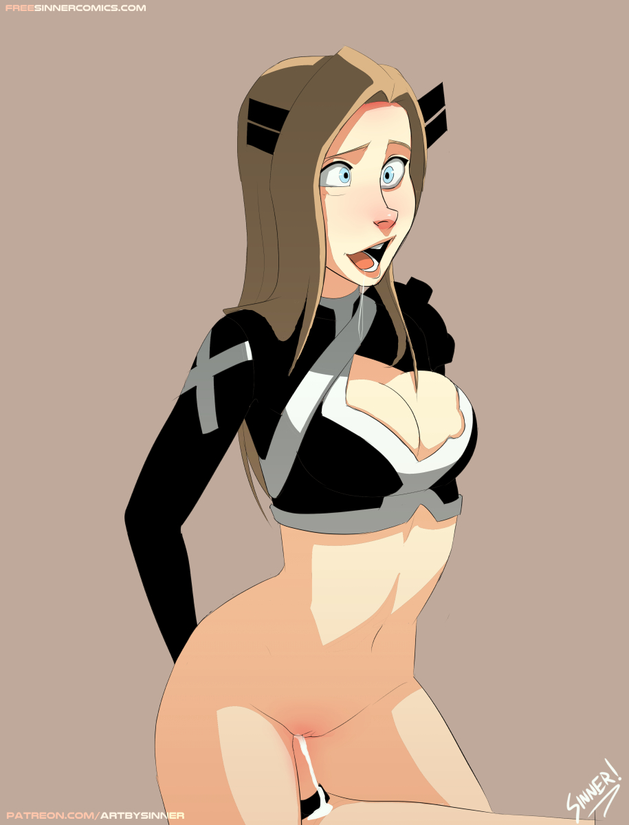 bottomless, breasts, cleavage, cum, cum inside, erection, female, hair ornament, magik (illyana rasputin), male, marvel, marvel comics, penis, sex, shoulder armor, sillygirl, sinner, x-men