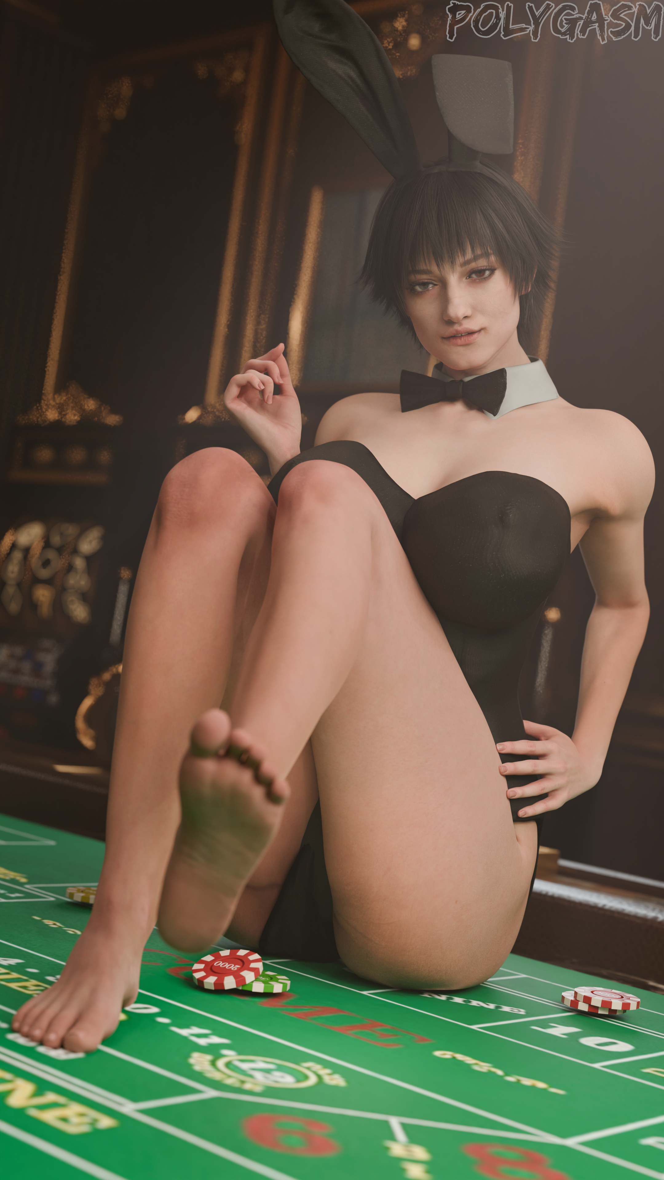 1girl, 3d, barefeet, barefoot, big breasts, blender, breasts, breasts bigger than head, bunny ears, bunnysuit, busty, busty female, capcom, casino, clothed, curvy, curvy figure, devil may cry, devil may cry (series), devil may cry 5, feet, feet focus, feet up, foot fetish, foot focus, lady (devil may cry), playboy bunny, polygasm, soles, solo female, thick thighs, voluptuous, watermark