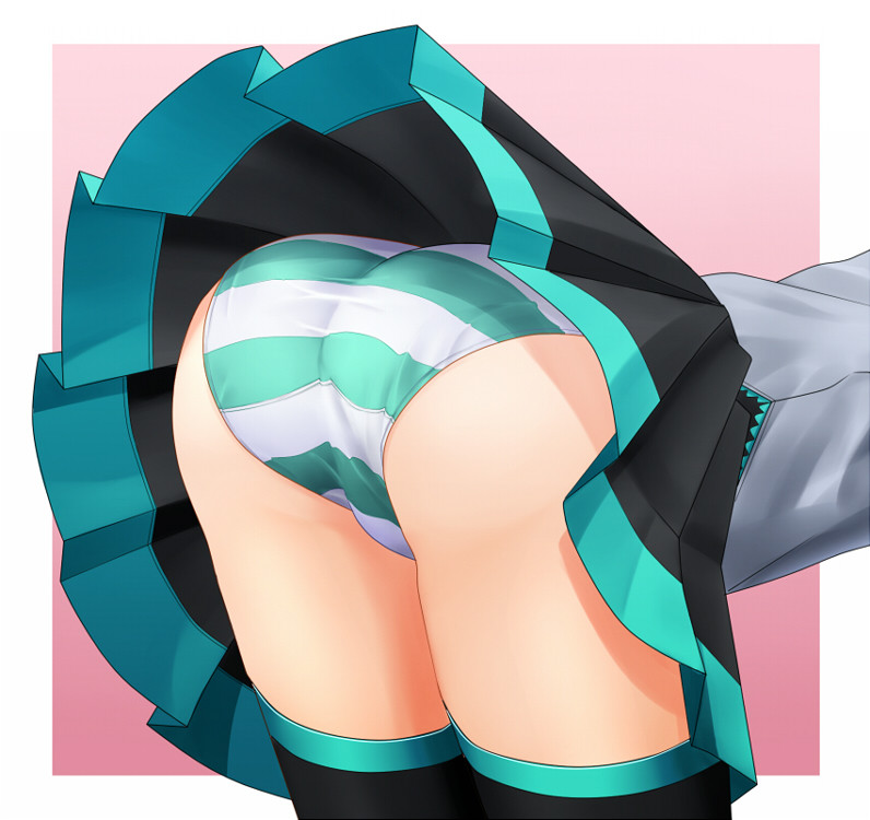 1girls eto eto_(ikumika) female hatsune_miku panties pantyshot shirt solo solo_female striped_panties thighhighs upskirt vocaloid