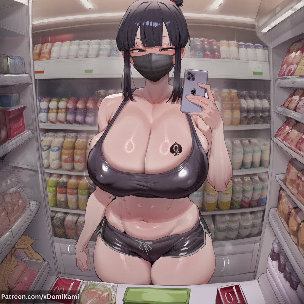 1boy, 1girl, 2026, 2d, absurd res, absurd resolution, absurdres, ai generated, bare shoulders, black eyes, black hair, black shorts, blush, breasts, cellphone, cheating, chichi, cleavage, collarbone, condom box, convenience store, covered nipples, curvy, dragon ball, dragon ball (series), dragon ball fighterz, dragon ball super, dragon ball z, food, hair bun, hi res, high quality, high resolution, highres, holding, holding phone, huge breasts, image, indoors, looking at viewer, mask, milf, mother, mouth mask, navel, netorare, ntr, patreon, patreon username, phone, plump, qos, rape, raped, raped female, selfie, shop, short shorts, shorts, sidelocks, smartphone, solo, sports bra, standing, tattoo, thighs, uncensured, watermark, xdomikami