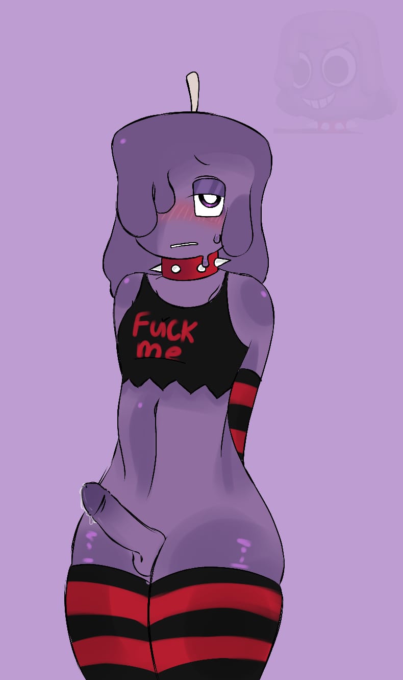 arms behind back, blush, blush lines, blushed face, blushing, blushing male, candle, dandy's world, dandys world, dick, femboy, femboy only, flustered, high thighs, leaking penis, leaking precum, looking at viewer, penis, precum, purple background, purple body, solo, solo male, thick thighs, thighs, toon (dandy's world), waxwell (dandy's world)