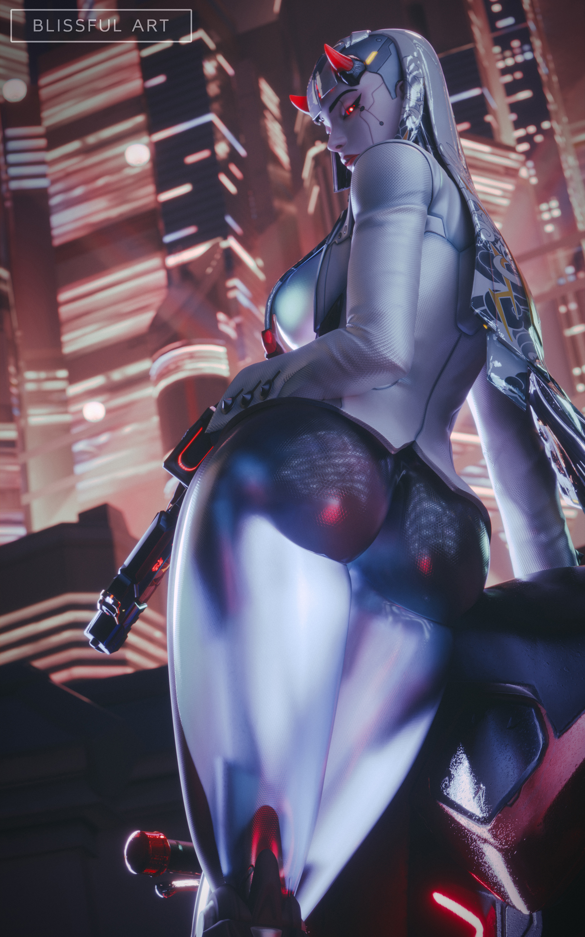 1girls, 2026, 3d, ass, big ass, big breasts, blissful art, breasts, cowboy shot, detailed background, eyeliner, female, female only, functionally nude, holding gun, holding object, holding pistol, holding weapon, horns, jacket, jacket only, legs together, lipstick, looking at viewer, nude, nude female, omnic, outdoor nudity, outdoors, overwatch, overwatch 2, pussy, rear view, red eyes, red lipstick, robot, robot girl, shion (overwatch), solo, thick thighs, winged eyeliner