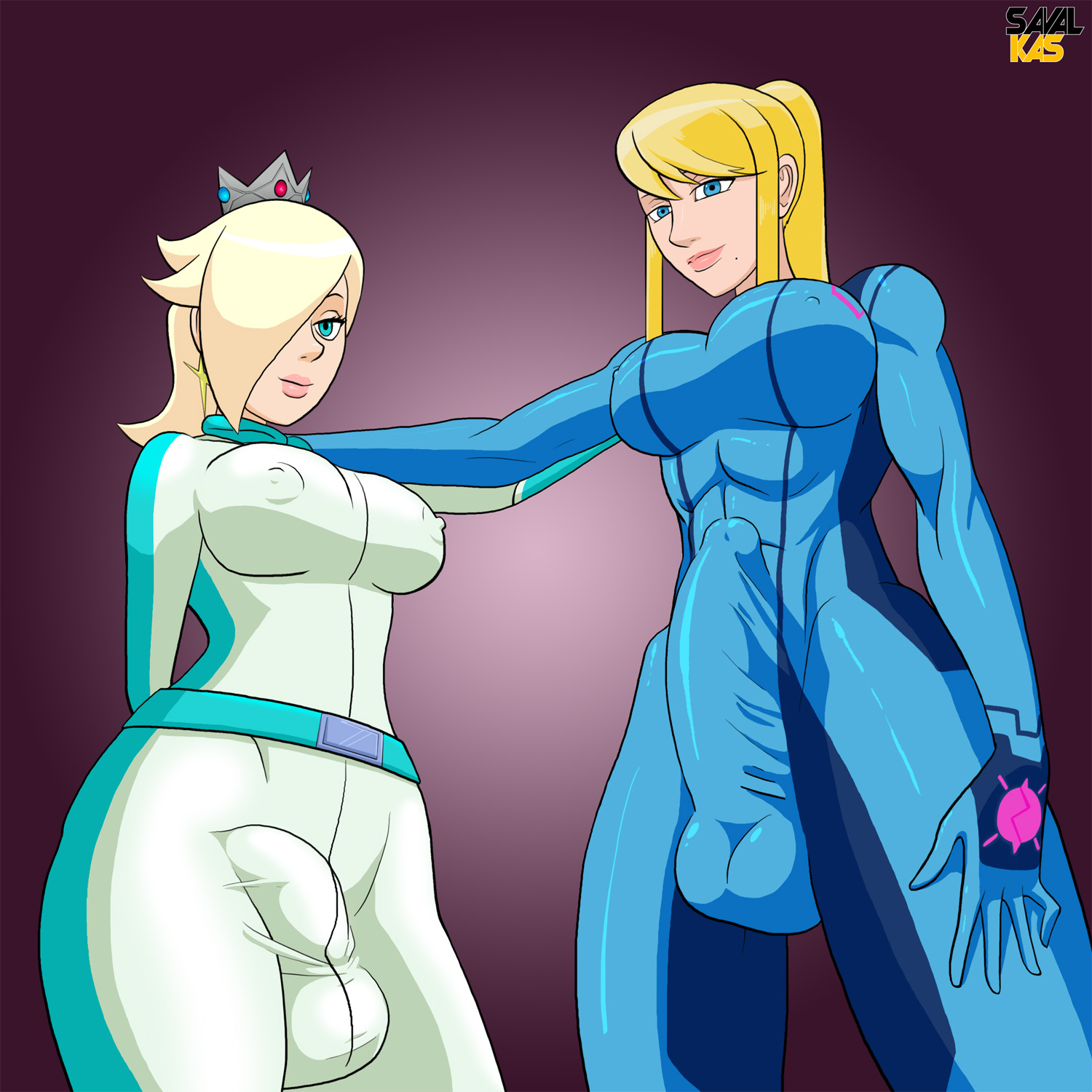 2futas, balls, balls bulge, balls under clothes, blonde hair, blue eyes, bodysuit, breasts, bulge, cameltail, cleavage, crown, erect nipples, erection, erection under clothes, futa only, futa with futa, futanari, hair over eye, huge balls, huge penis, intersex, large breasts, light skin, mario (series), mario kart, metroid, muscular, muscular futa, nintendo, nipple bulge, nipples, pale, penis, penis bulge, penis shaped bulge, penis under clothes, princess rosalina, princess rosalina (aero), samus aran, savalkas, taker pov, tenting, testicles, wide hips
