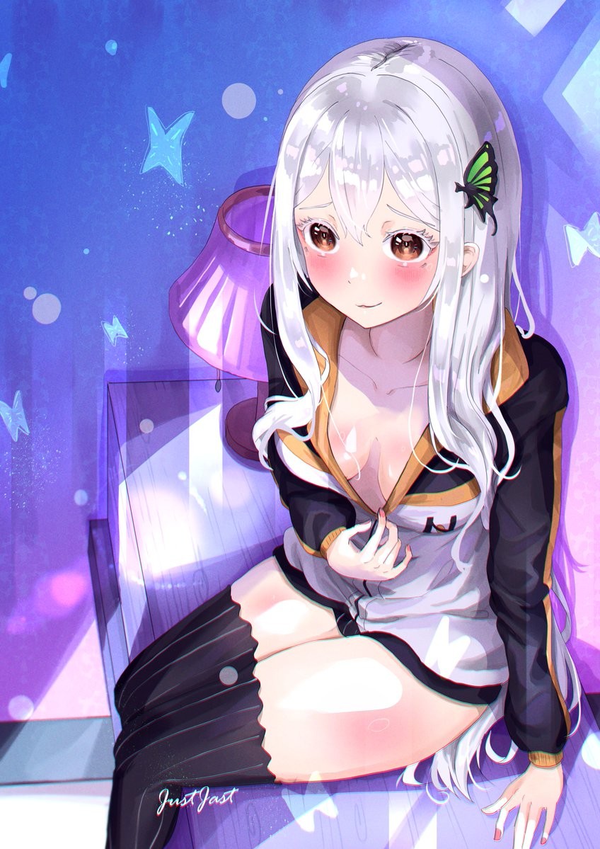 1girls, 2d, 2d (artwork), 2d artwork, above view, adult, adult female, alternate body type, alternate breast size, alternate breast size (smaller), alternative breast size, anime, anime character, bedroom, bedroom background, bedroom scene, bedroom setting, black coat, black jacket, black legwear, black stockings, black thigh highs, black thighhighs, blush face, blushing, blushing at viewer, blushing female, breasts, brown eyes, brown-eyed female, butterfly, butterfly hair ornament, butterfly ornament, cleavage, closed mouth smile, coat, collarbone, digital, digital art, digital drawing, digital drawing (artwork), digital media, digital media (artwork), drawing, echidna (re:zero), exposing, exposing breasts, exposing chest, exposing self, fanart, female, female focus, female only, fingernails, fingers, flushed, flushed cheeks, flushed face, from above, from above view, glistening boobs, glistening breasts, glistening hair, glistening legs, glistening skin, glistening thighs, glossy breasts, glossy hair, hair between eyes, high angle, high angle view, high-angle shot, high-angle view, indoor, indoor background, indoors, inframammary fold, interior background, jacket, justjast88, knees, lean figure, leaning, leaning forward, leg out of frame, legs closed, legs out of frame, legs together, legwear, long hair, looking at viewer, manga character, mature, mature female, mature woman, medium breasts, nail polish, nails, narrow waist, nervous, nervous expression, nervous face, nervous female, nervous smile, pink fingernails, pink nail polish, pink nails, portrait, presenting breasts, re:zero kara hajimeru isekai seikatsu, revealing breasts, room, room background, shiny breasts, shiny hair, shiny legs, shiny skin, shiny thighs, shoulders, showing breasts, showing chest, shy, shy expression, shy female, shy girl, shy smile, sitting, slender body, slender waist, slim female, slim waist, smile, smiley face, smiling, smiling at viewer, solo, stockings, thigh highs, thighhighs, thighs, thighs together, three quarter view, three-quarter view, upper body, white coat, white eyelashes, white fox (studio), white hair, white jacket, white-haired female, witch, woman