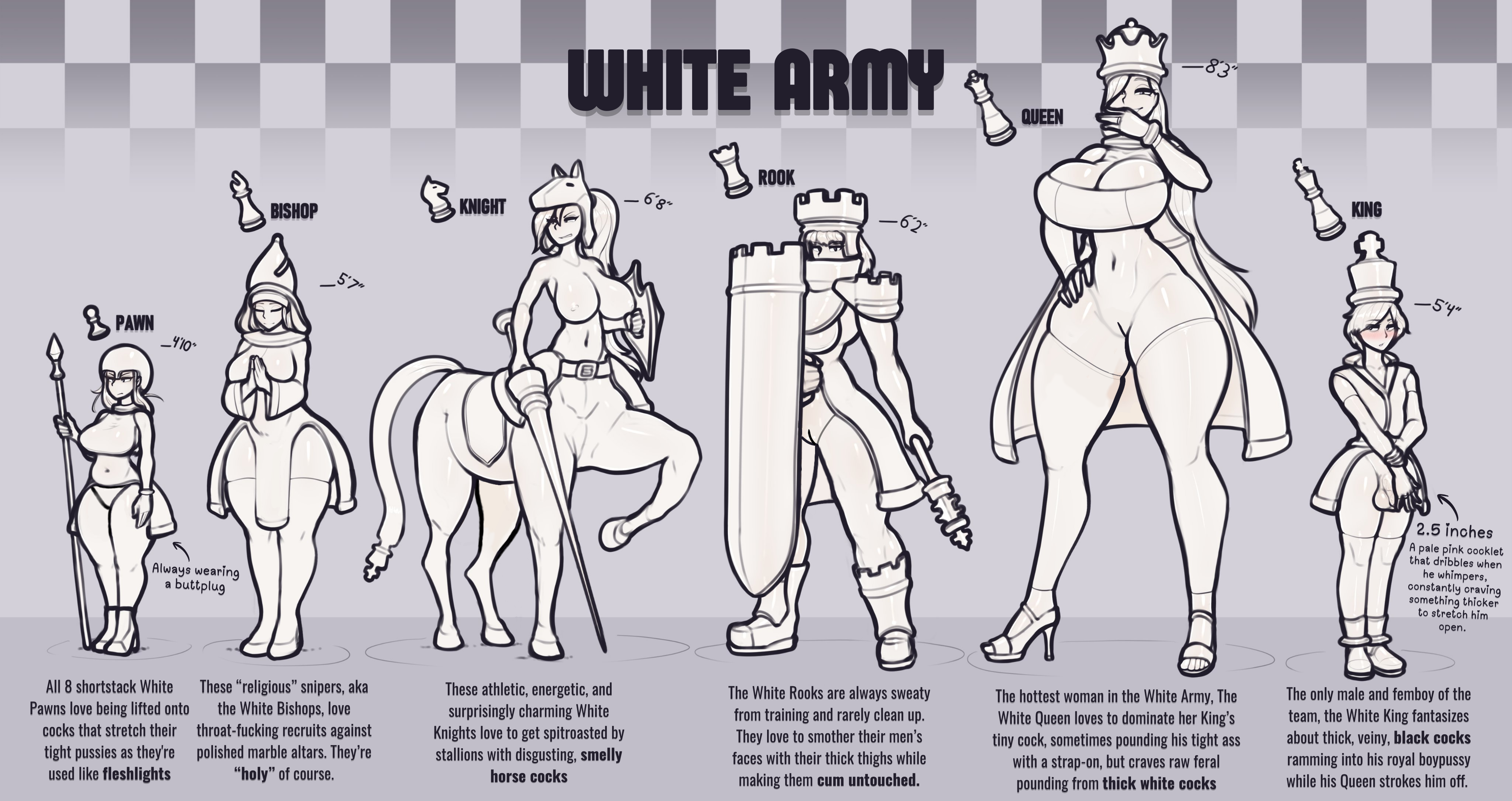 1boy, 1femboy, 2d, 2d (artwork), 5girls, alternate version available, army, bishop (chess), breasts, breasts bigger than head, breasts out, centaur, centauress, chess, chess piece, clothed, clothed female, clothing, curvy, dommy mommy, edit, female, femboy, giant breasts, giantess, height chart, height difference, hiding, hiding erection, high resolution, highres, hotcakesnsfw, king (chess), knight (chess), mommy, mommy kink, muscular, muscular female, nun, nun outfit, pawn (chess), queen (chess), religious clothing, rook (chess), small penis, text, thick, thick ass, thick thighs, third-party edit, tomboy, vagina