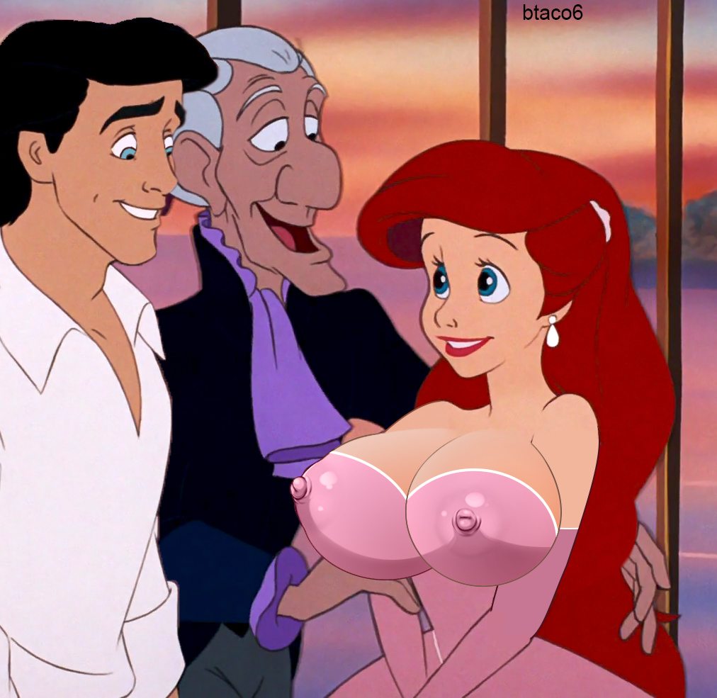 1girls 2boys age_difference ariel breasts btaco6 cleavage disney disney_prince disney_princess edit female grimsby huge_breasts large_breasts male nipple_bulge nipples prince_eric puffy_nipples screenshot screenshot_edit see-through smile the_little_mermaid