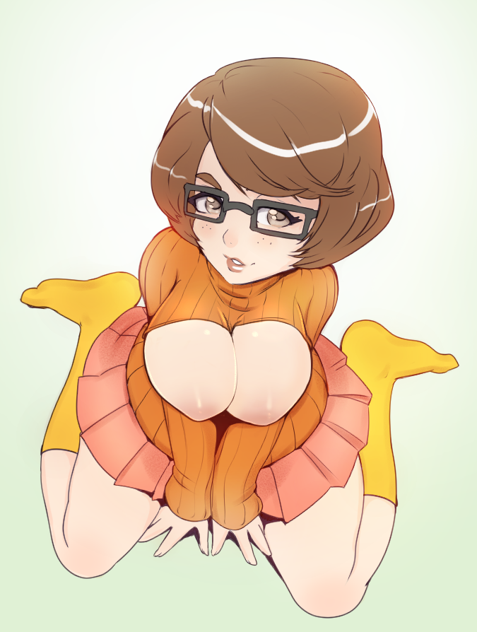 areola areolae breasts brown_hair female freckles glasses large_breasts looking_at_viewer nipples partially_clothed puffy_nipples scooby-doo short_hair skirt smile solo superboin sweater velma_dinkley