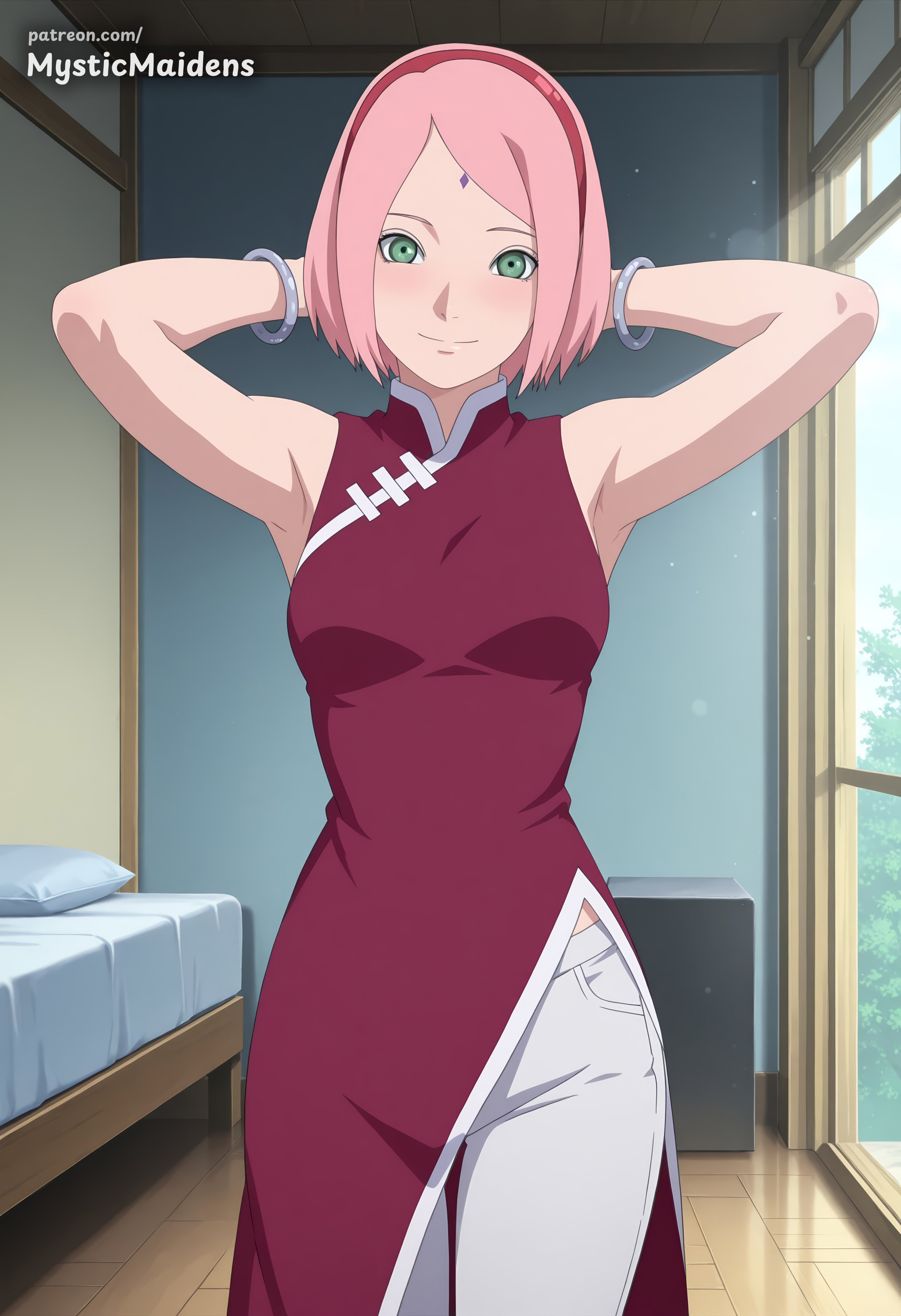 1girl, ai generated, anime, anime style, armpits, arms behind head, arms up, bed, blush, boruto, boruto: naruto next generations, bracelet, breasts, closed mouth, cowboy shot, dress, facial mark, forehead mark, green eyes, hairband, haruno sakura, hentai, hi res, indoors, jewelry, looking at viewer, medium breasts, mystic maidens, naruto, naruto (classic), naruto (series), naruto shippuden, pants, patreon, pink hair, red dress, red hairband, sakura haruno, short hair, sleeveless, smile, solo, white pants, window, wooden floor