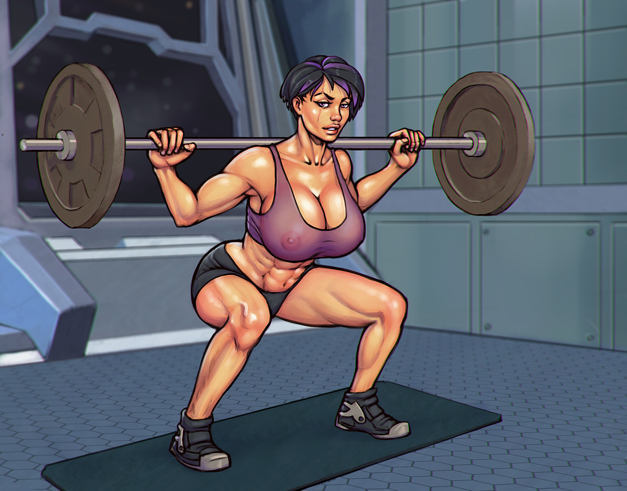 1girls, abs, black hair, boobsgames, breasts, female, female only, looking at viewer, midriff, muscles, muscular, muscular female, navel, nipples, original, purple eyes, purple hair, scar, see-through, short hair, short shorts, shorts, sneakers, solo, squatting, tank top, toned, weightlifting