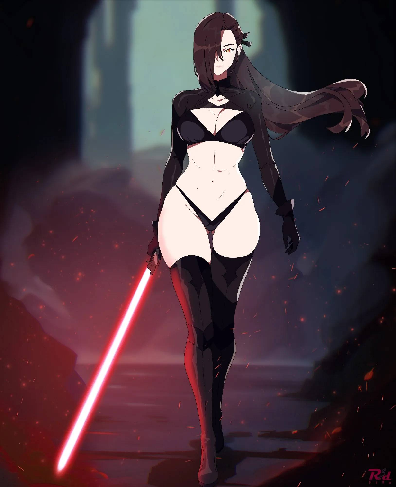 1girls, 2d, 2d (artwork), 2d artwork, adult, adult female, ass visible from the front, ass visible through thighs, bare belly, bare chest, bare hips, bare midriff, bare navel, bare skin, belly, belly button, big boobs, big breasts, black bra, black legwear, black panties, black stockings, black thigh highs, black thighhighs, black underwear, blank expression, blank eyes, blank stare, blurred background, blurry background, bra, breasts, brown eyebrows, brown eyes, brown hair, brown-eyed female, brown-haired female, busty, busty female, busty girl, cleavage, collarbone, curvaceous, curvaceous body, curvaceous female, curvaceous figure, curvaceous hips, curvy, curvy body, curvy female, curvy figure, curvy hips, digital, digital art, digital drawing, digital drawing (artwork), digital media, digital media (artwork), drawing, emotionless, exposed belly, exposed chest, exposed hips, exposed midriff, exposed navel, exposed skin, eye-level view, eyebrows hidden by hair, female, female focus, female only, fingers, fire emblem, fit female, from front, front view, full body, full body view, groin, hair covering eye, hair over eye, hair over one eye, hourglass figure, kagero (fire emblem), knees, large boobs, large breasts, lean figure, legs, legwear, lightsaber, linea alba, long hair, looking at viewer, mature, mature female, mature woman, midriff, narrow waist, navel, neutral expression, panties, portrait, r3dfive, red lightsaber, serious, serious face, serious look, shoulders, skindentation, slender body, slender waist, slim female, slim waist, solo, standing, star wars, stockings, stomach, thick thighs, thigh gap, thigh highs, thighhighs, thighs, underwear, walking, walking towards viewer, wide hips, wind, woman