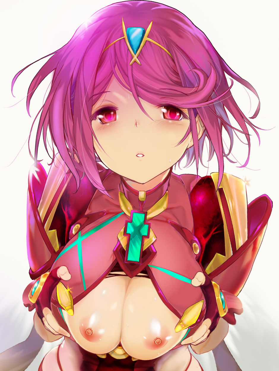 1girls, bare breasts, blush, breast squeeze, breasts, breasts out of clothes, exposed breasts, female, fingerless gloves, homura (xenoblade 2), large breasts, looking at viewer, nintendo, nipples, no bra, parted lips, pyra, red eyes, red hair, short hair, simple background, solo, sweat, tiara, white background, xenoblade (series), xenoblade chronicles 2