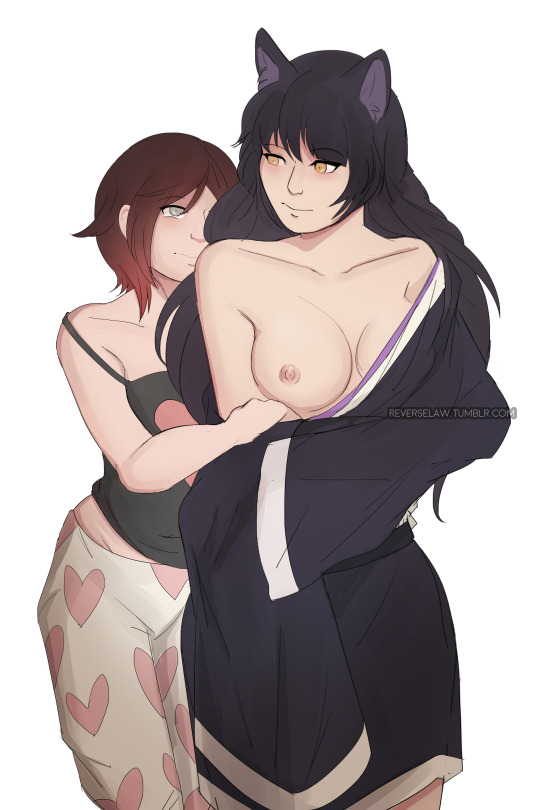 2girls, black hair, blake belladonna, female, female only, multiple females, multiple girls, pajamas, red hair, reverselaw, ruby rose, rwby, silver eyes, white background, yellow eyes, yuri