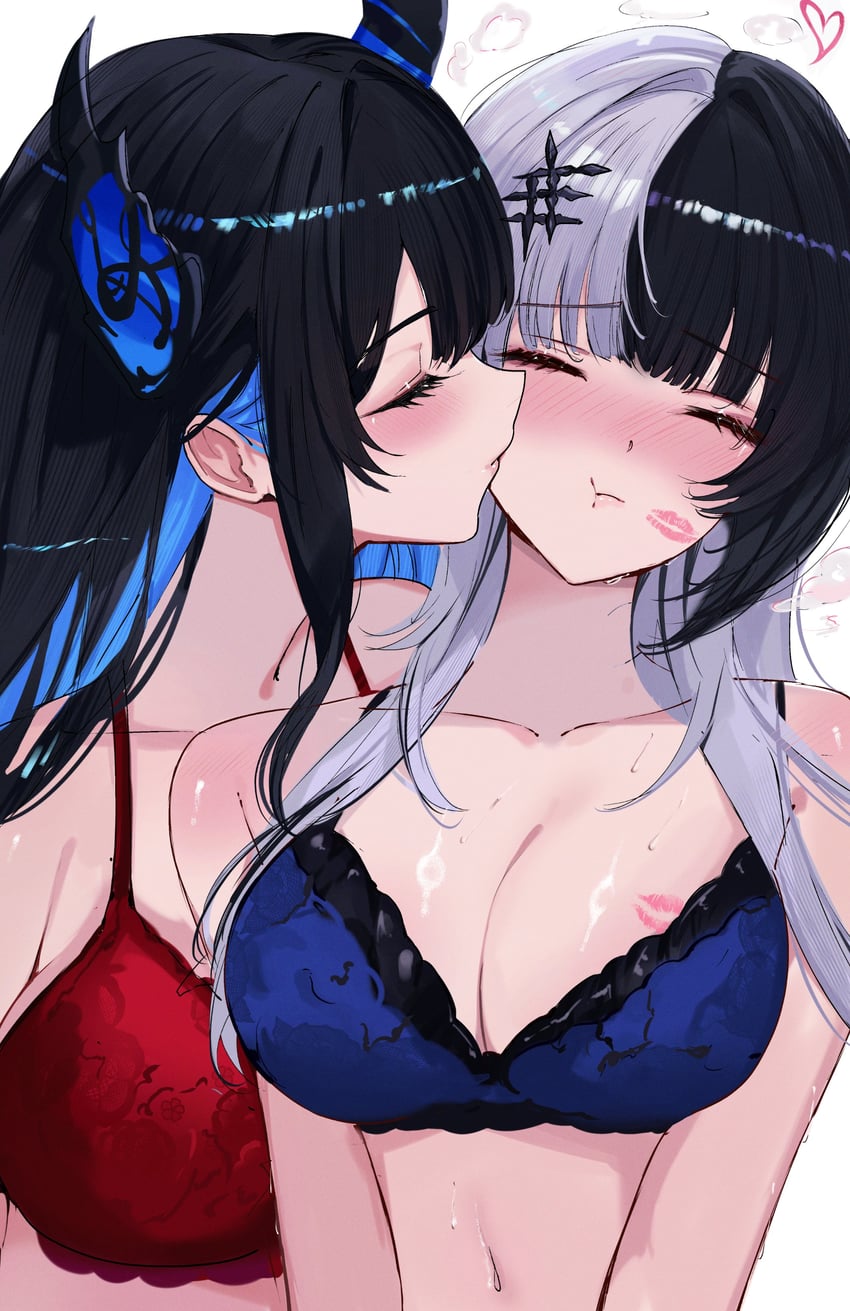 2girls, absurd res, asymmetrical horns, background, big breasts, cleavage, female only, hololive, hololive english, kiss, kissing cheek, lipstick mark, lipstick mark on breast, makeup, multiple girls, navel, nerissa ravencroft, shiori novella, sweatdrop, two-tone hair, underwear, underwear only, virtual, virtual youtuber, vtuber, white, yuri