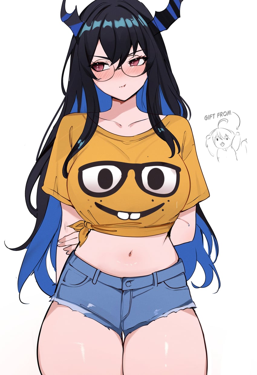 1girls, big breasts, black and blue hair, blush, female, hololive, hololive english, horns, large breasts, legs, meeko illus, midriff, nerissa ravencroft, pout, solo, thick thighs, thighs, virtual youtuber, vtuber